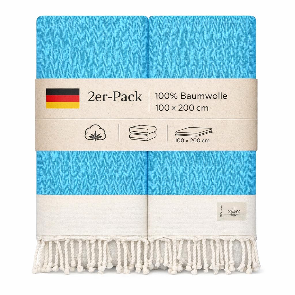 NOUR Premium 100% Cotton Turkish beach towel, Pack of 2, 100 x 200 cm, Picnic Blanket, Sauna & Hammam Towels, Extra Light, Absorbent, Quick-Drying