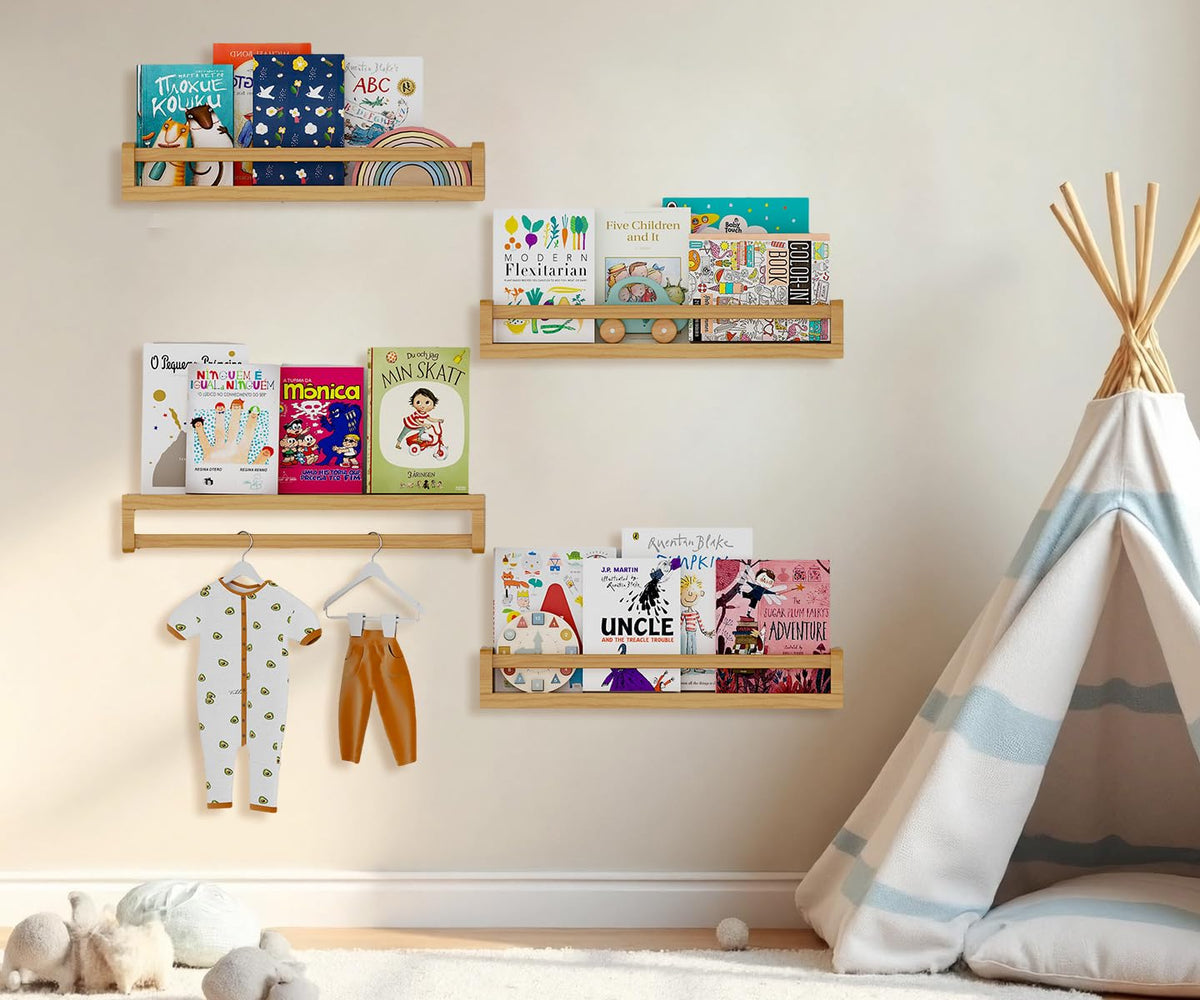 Gieanoo Nursery book shelf, Set of 4 Floating Shelves Solid Natural Wood 40cm bookshelf kids room Wall Mounted baby floating book shelves decor for
