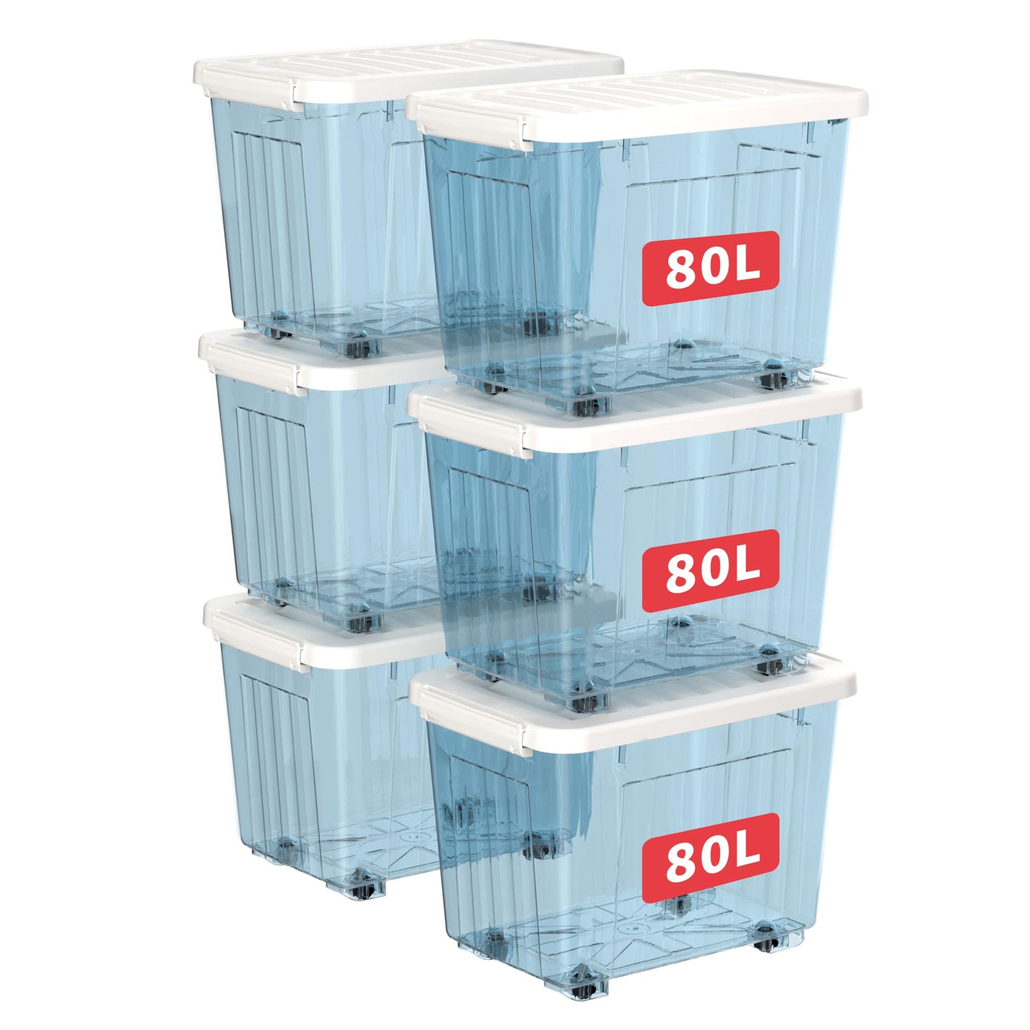 Cetomo 80L*6 Plastic Storage Boxes with Wheels, Lidded Storage Box with Secure Side Latches, PP Nestable and Stackable Clear Organizer for Home