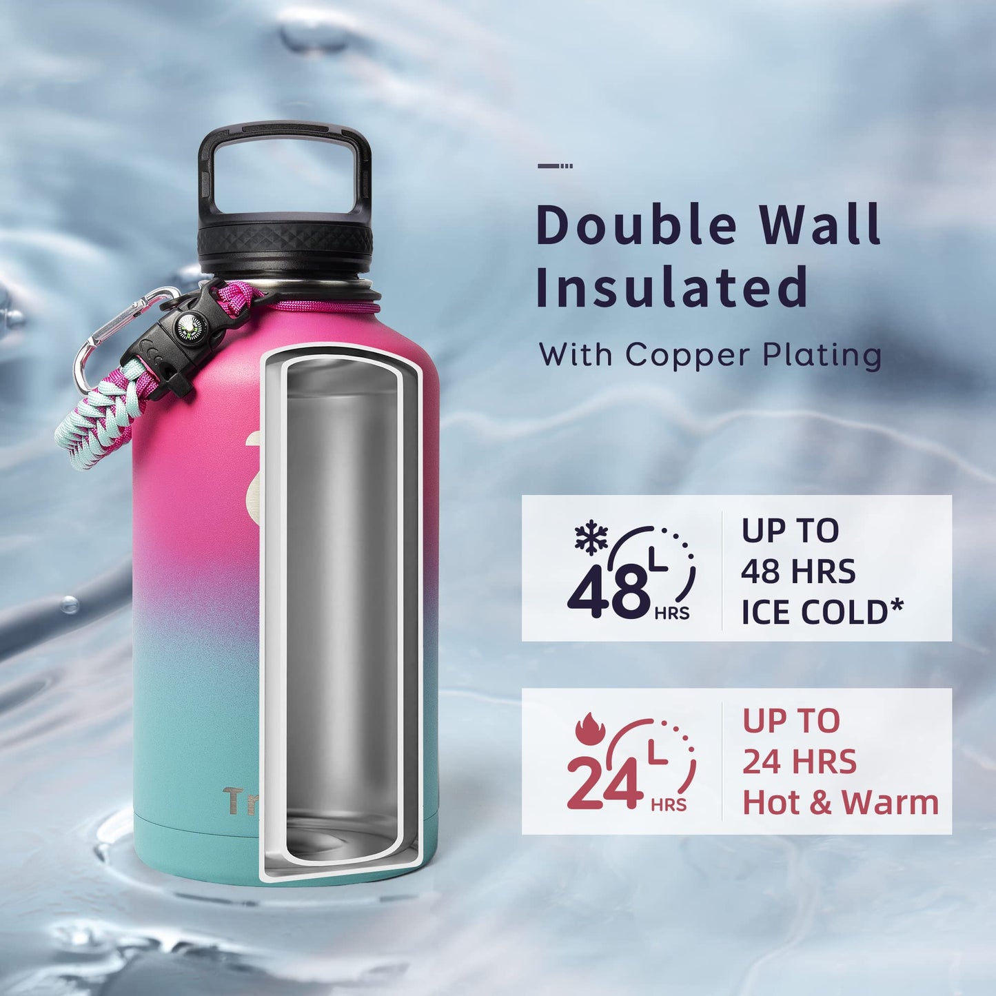 Trebo Stainless Steel Water Bottle 2L, Wide Mouth Insulated Water Bottle Double with Paracord Handle Sports Bottle Keep Cold 48 Hours Water Bottle