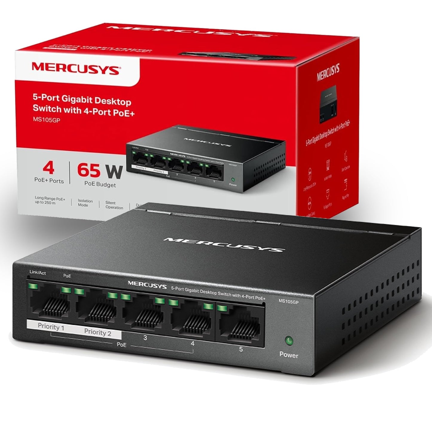 MERCUSYS MS105GP 5 Port Gigabit Network Switch, Ethernet Switch with 4-Port PoE+, 65W Total Budget , Metal Case, Desktop or Wall Mount, TP-Link Silent