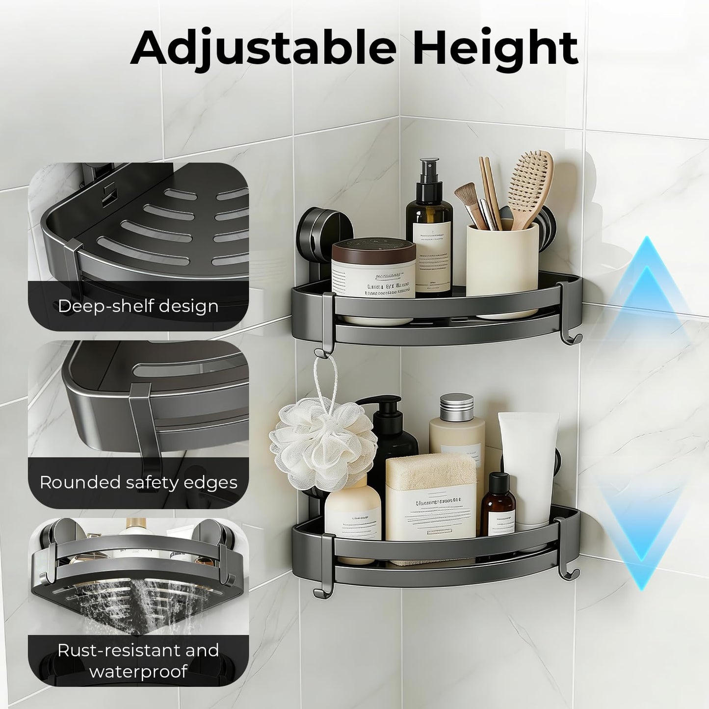 ONXE Shower Caddy Suction Cup,2Pcs Suction Cup Corner Shelf Coner No Drilling Bathroom Shelves Storage Organiser Rack Adhesive with 4 Hooks Wall