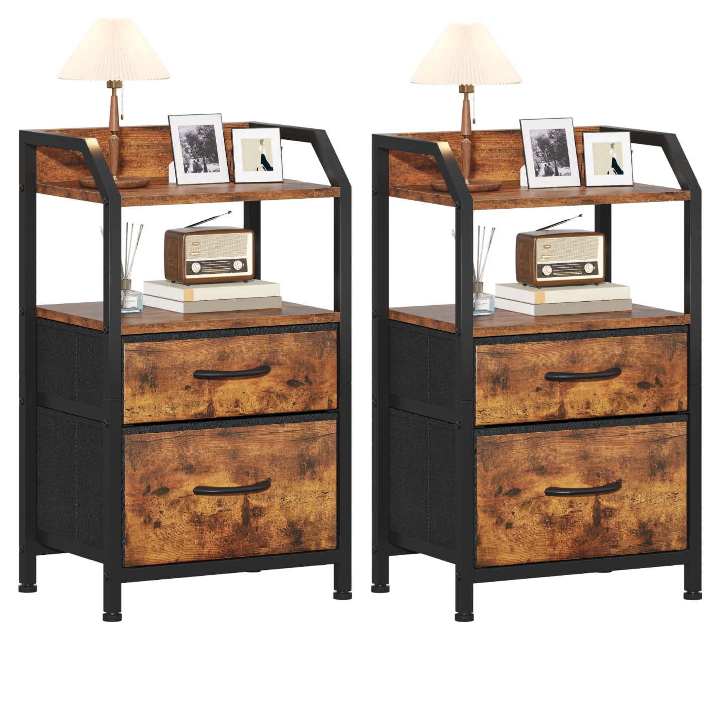 Feonase Set of 2 Bedside Table with 2 Fabric Drawers & Open Shelf - Sturdy Metal Frame Nightstand, Compact End Table for Bedroom, Living Room