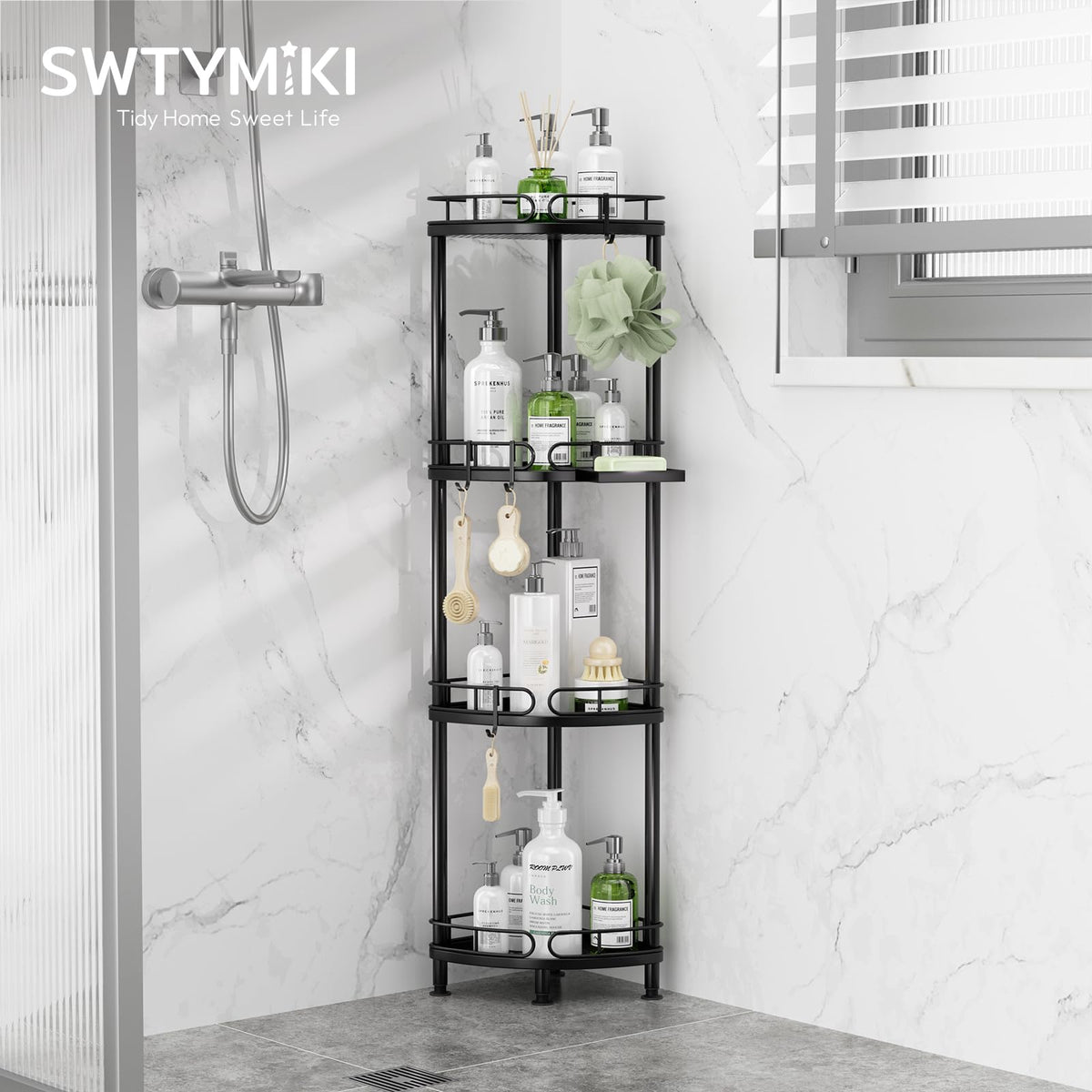 SWTYMIKI Corner Shower Caddy Standing - 4 Tier Stainless Steel Shower Organizer Stand with 4 Hooks & Soap Holder, Rustproof Metal Standing Tall Floor