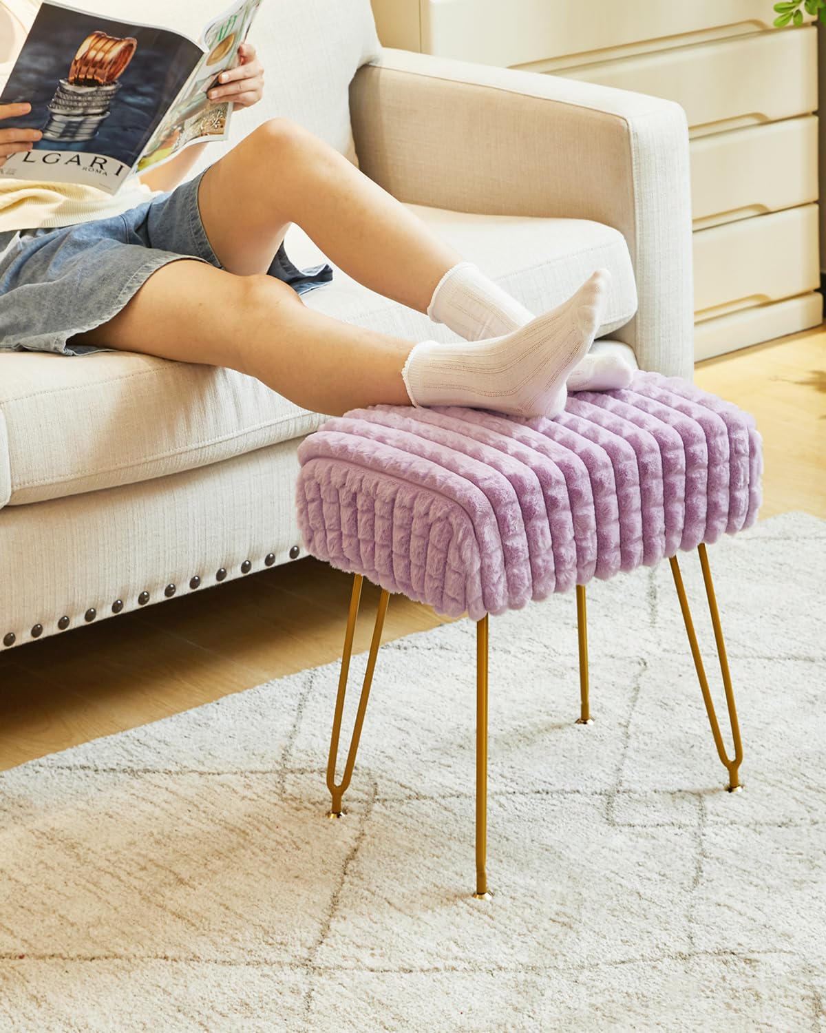 IBUYKE Makeup Vanity Chair, Rectangular Footrest Stool, Purple WBD003V