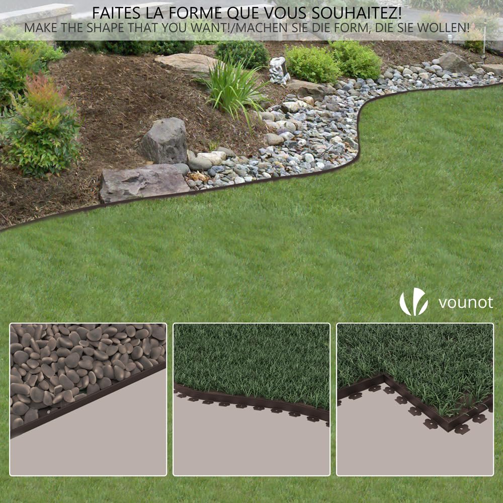 VOUNOT 20m Flexible Lawn Edging, Plastic Garden Edging Border with 60 Strong Securing Pegs, Height 5cm, Brown