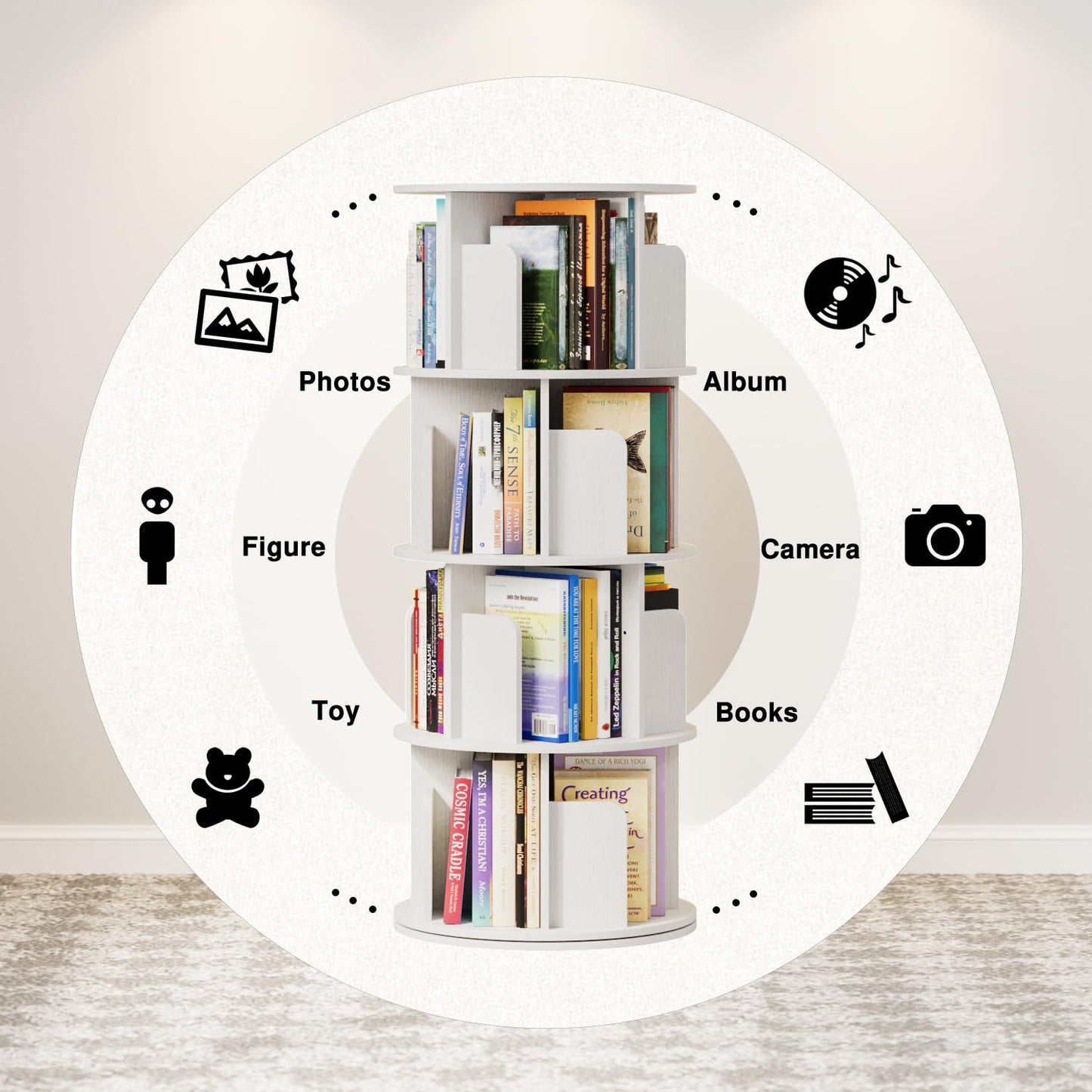 APPOLYN 4 Tier Rotating Bookshelf, 360 Display Spinning Bookcase, White