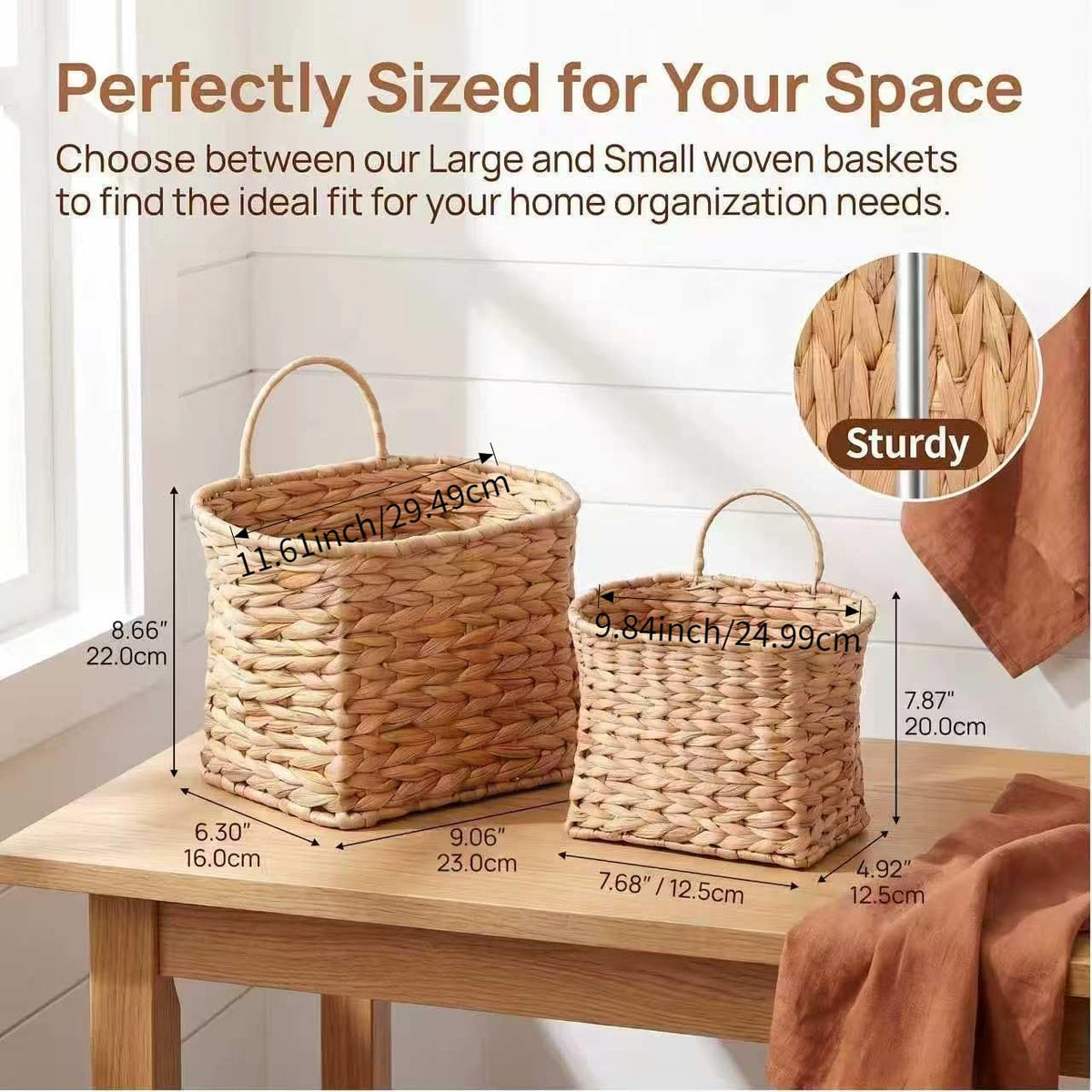FRONDENT Wall Basket 2 PCS, Hanging Flower Baskets for Front Door, Wall, Wedding Décor, Handmade Water Hyacinth Woven Baskets