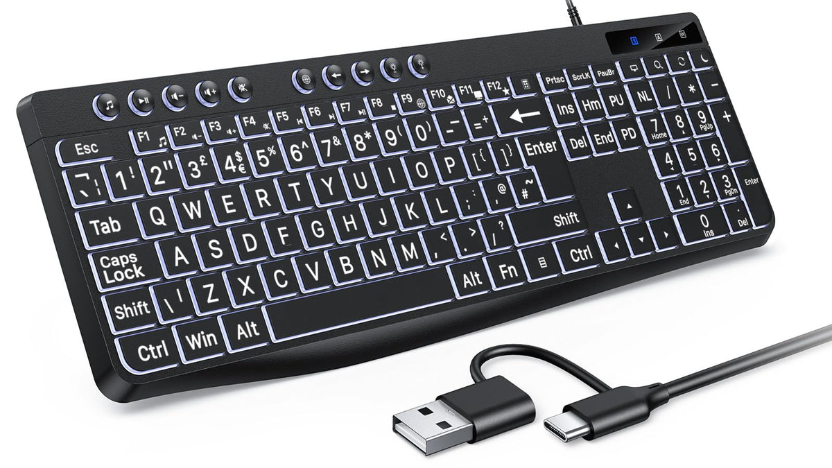 OMOTON Large Print Backlit Keyboard with Dual Interface (Type-C and USB) ? Full Size Wired Computer Keyboard with White Backlight Easier to See and