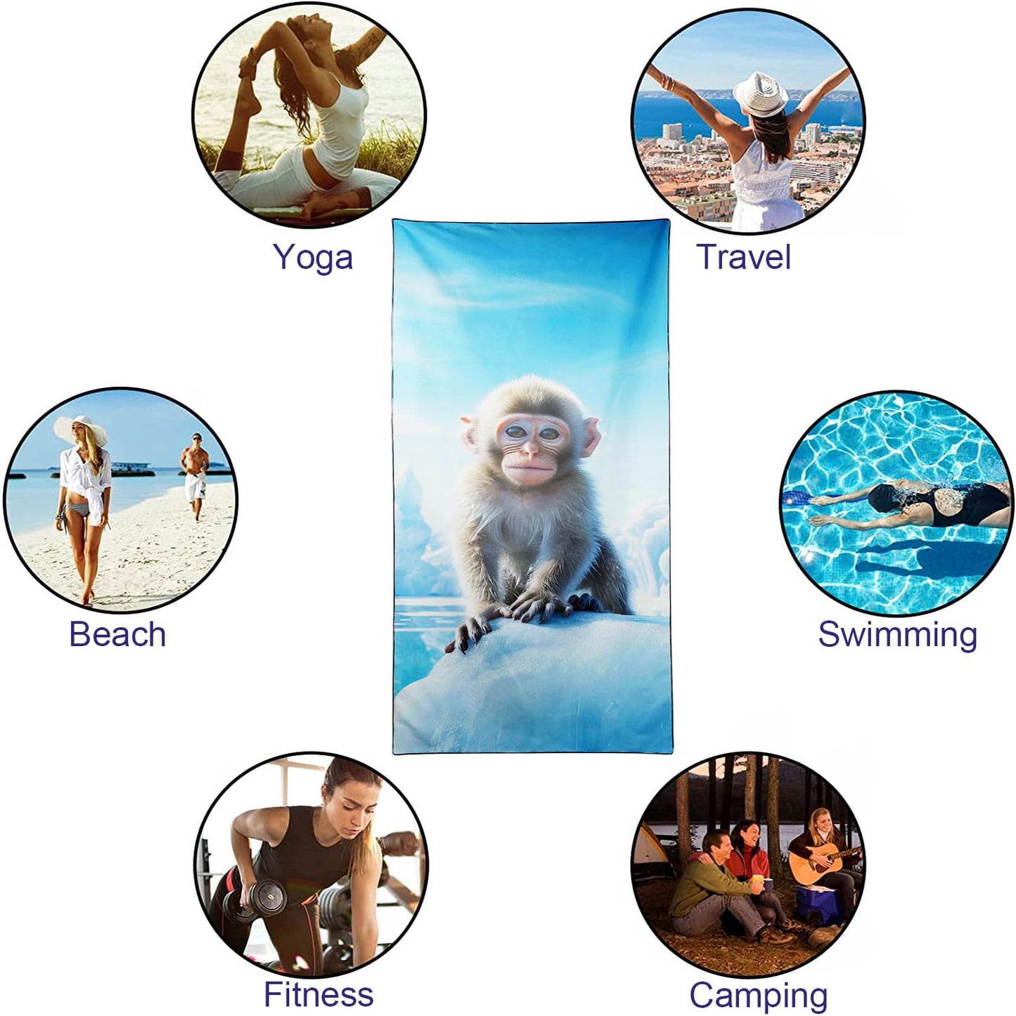YISUMEI Baby Monkey Beach Towels for Adults Extra Large 180 x 90 cm, Microfibre Quick Dry Towel for Travel Swimming Camping Sports