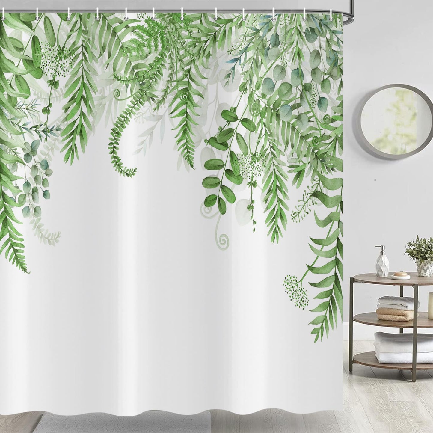 ASDCXZ Green Eucalyptus Shower Curtain 180x200 cm, Green Eucalyptus Leaves Spring Watercolor Plants Waterproof Bath Curtain Polyester Textile