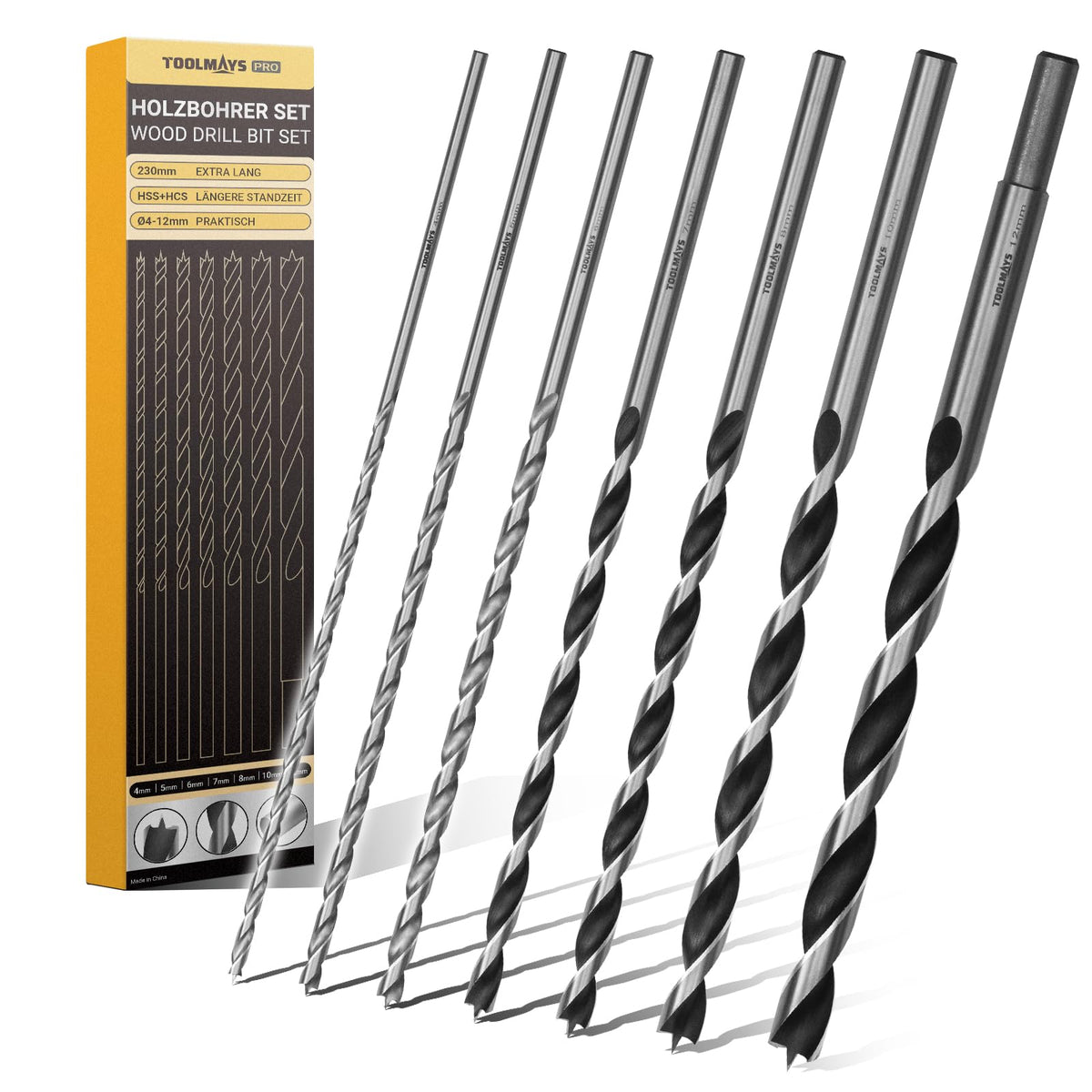 TOOLMAYS 7pcs Wood Drill Bit Set 4 mm, 5 mm, 6 mm, 7 mm, 8 mm, 10 mm, 12 mm x 230 mm Long Drill Bits Wood For Hardwood Softwood Plywood Mdf And