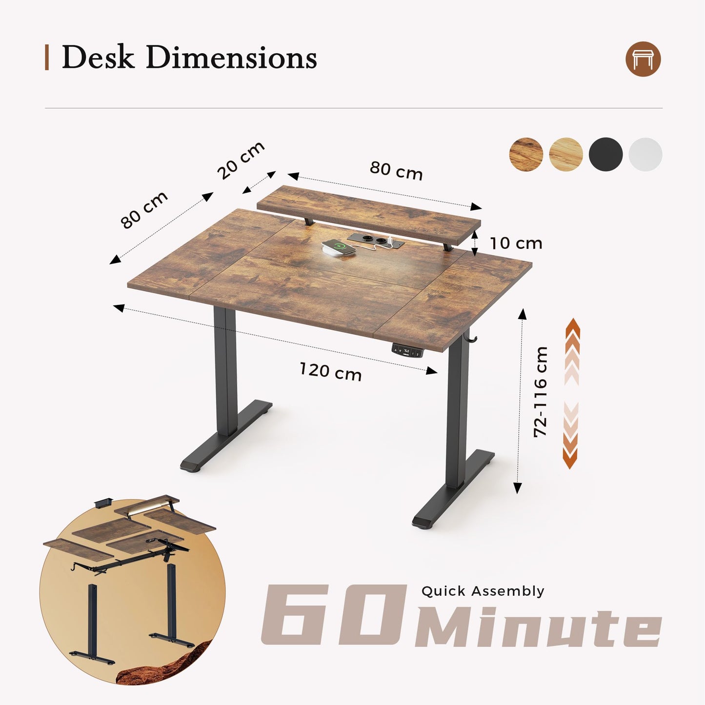 Klicelor Electric Standing Desk, Led & Plug, Movable Monitorstand, 120x80