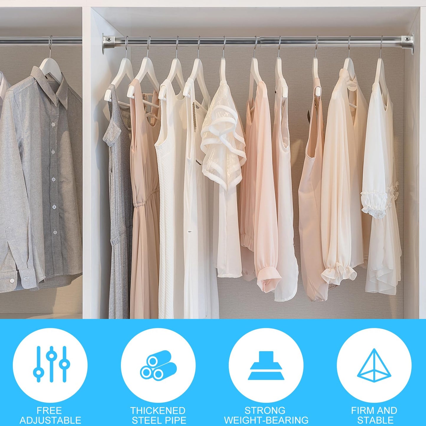 Wardlock 69-120cm Extendable Stainless Steel Wardrobe Rail, Adjustable Clothes Rail Pole With U Shaped End Sockets.