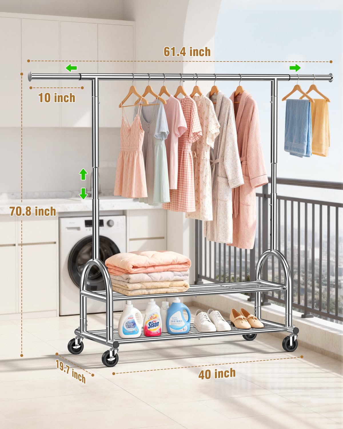 EAGMAK Heavy Duty Clothes Rail Load 252 KG, Rolling clothing Rail with Sturdy Wheels and 2 Shelves, Height Adjustable Metal Coat Racks
