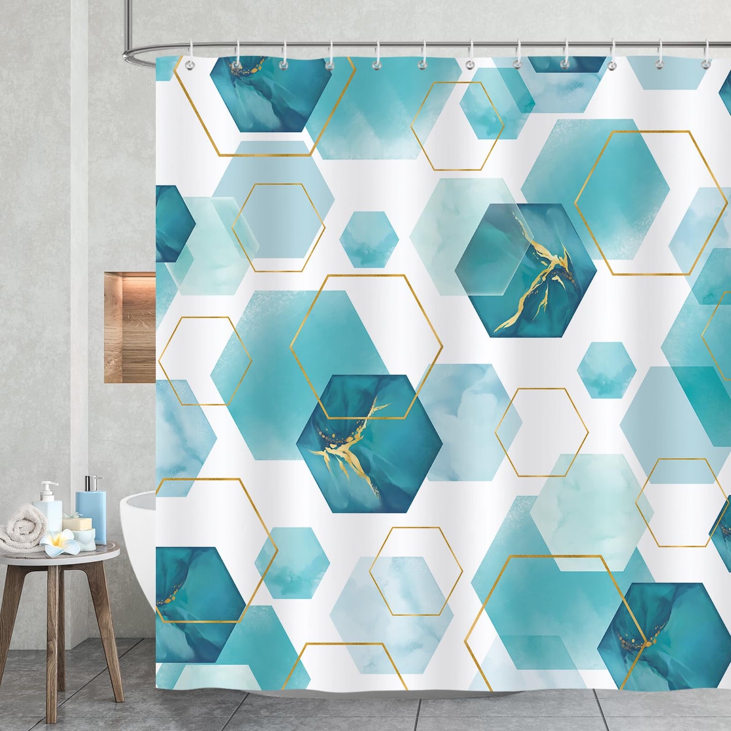 Bonhause Teal Modern Geometric Shower Curtain, Abstract Golden Marble Lines Bathroom Curtain 180 x 180 cm Waterproof Mildew and Mould Resistant