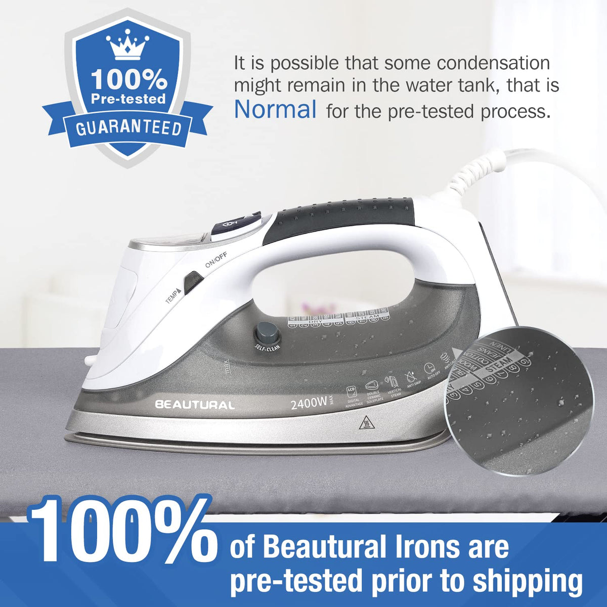 BEAUTURAL 2400 W Steam Iron with LCD Display, Variable Temperature and Double Ceramic Coated Soleplate, 8 ft Power Cord and 340ML Tank-White/Grey