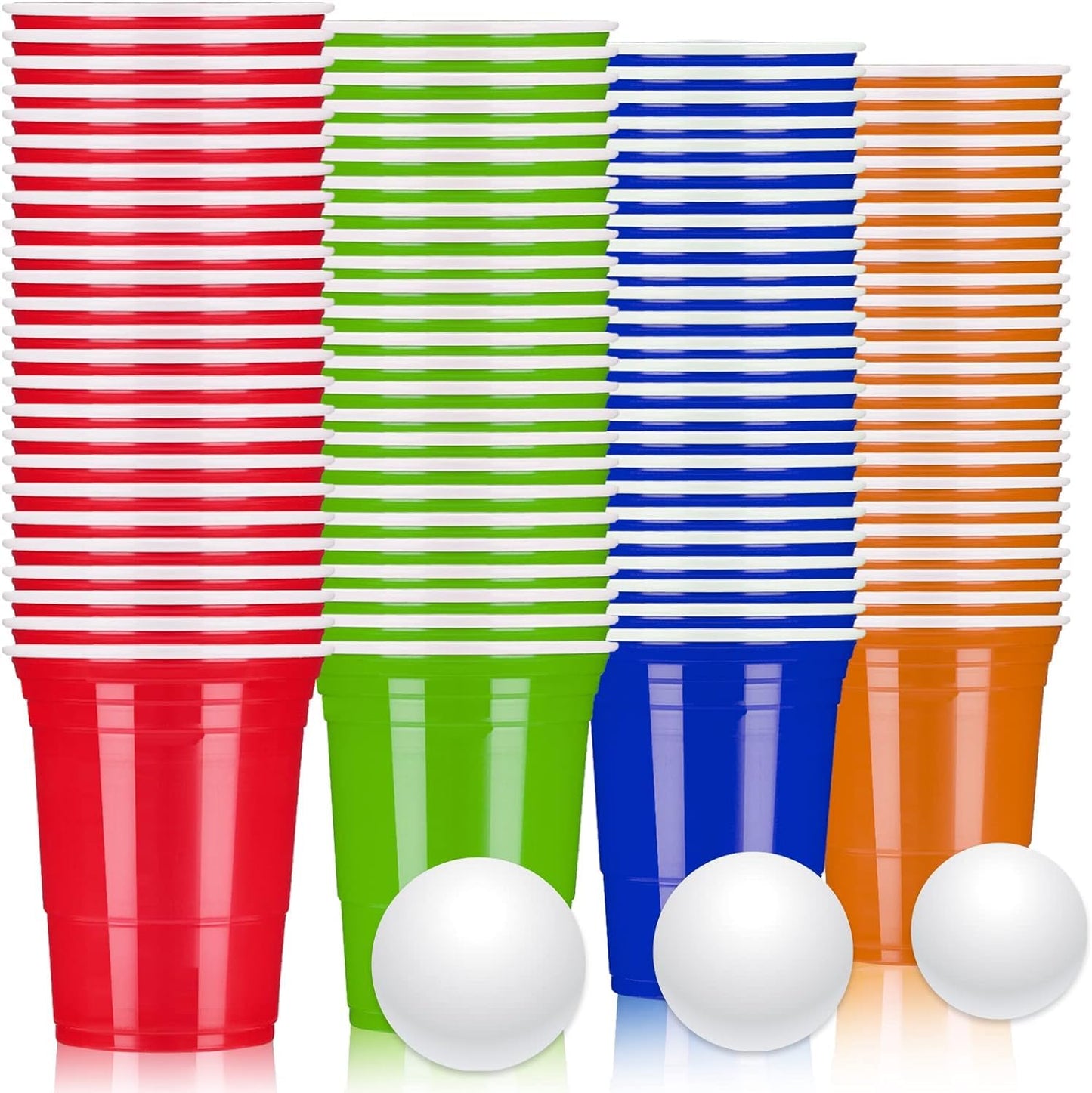 LATERN 100Pcs Reusable Plastic Cups, 480ml Beer Pong Cups Set with 25 Red Cup, 25 Blue Cup, 25 Green Cup, 25 Orange Cup, 10 Games PingPong Balls for