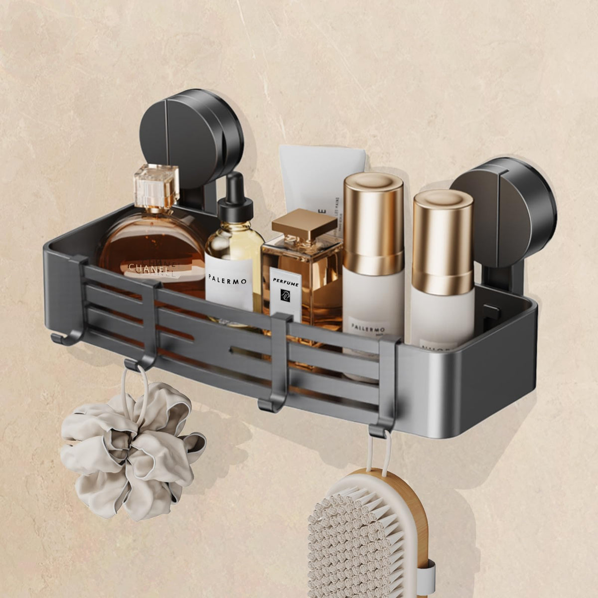 FERCOSEN Suction Cup Shower Caddy Without Drilling | 4 Hooks, 32 cm Length, 10 kg Load Capacity, 1-Minute Installation | Removable and Rust-Free