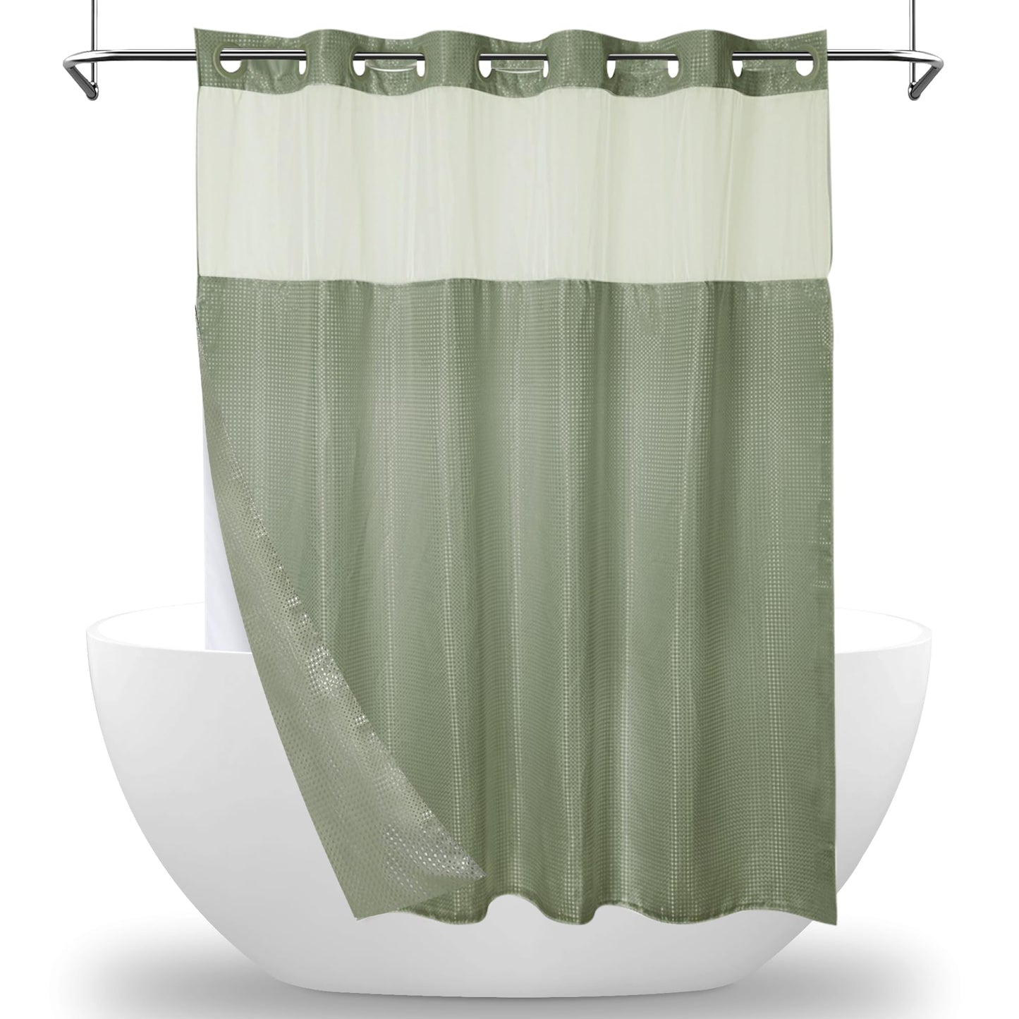MEKOTRIN Hookless Shower Curtain with Snap on Liner Waffle Fabric Double Layer, 74 x 71 Inch Weighted Green Shower Curtains with Viewing Window, Bath