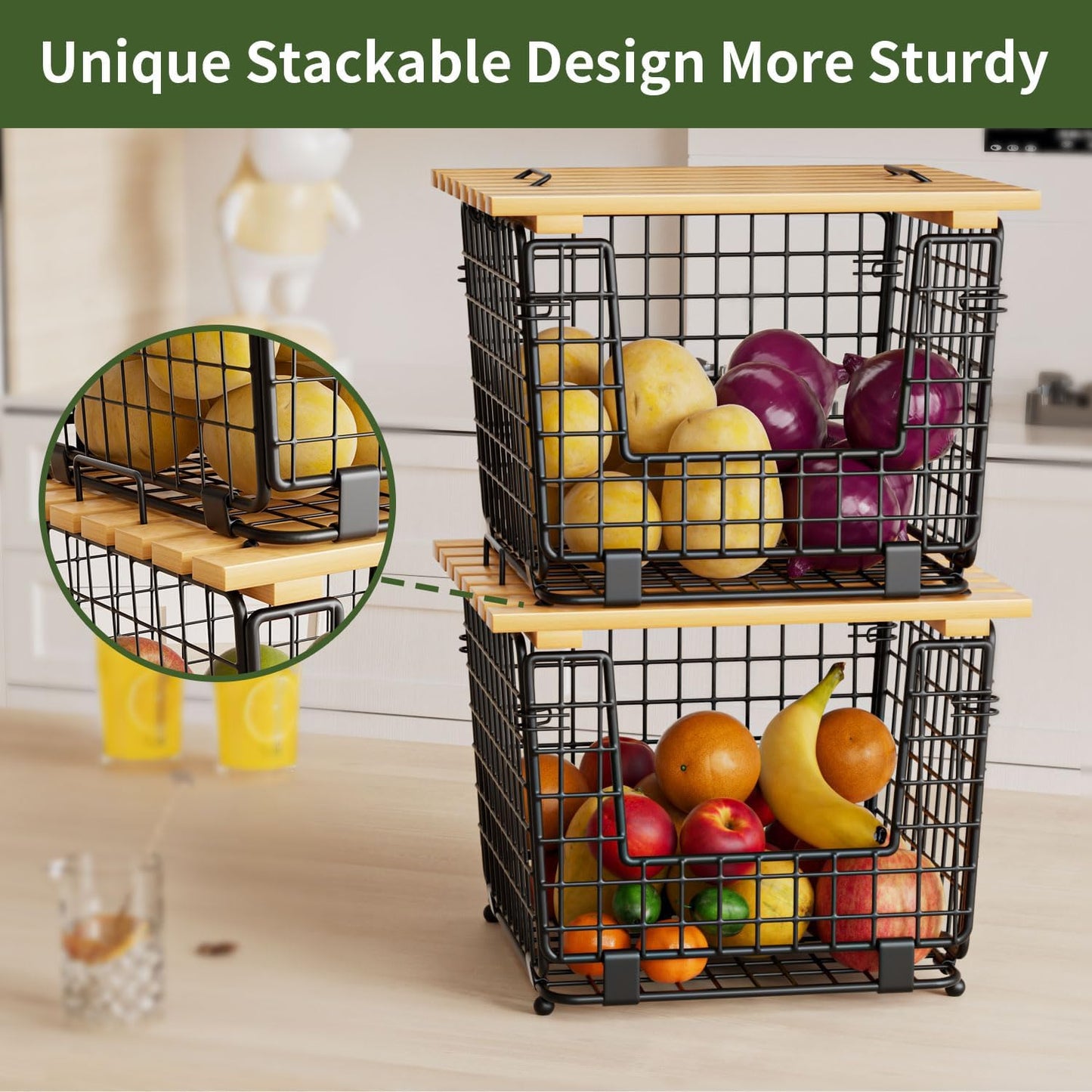Wire Storage Basket for Kitchen Pantry: Stackable Kitchen Counter Organizers - Wire Organizing Bin for Produce Vegetable Potato and Onion Black