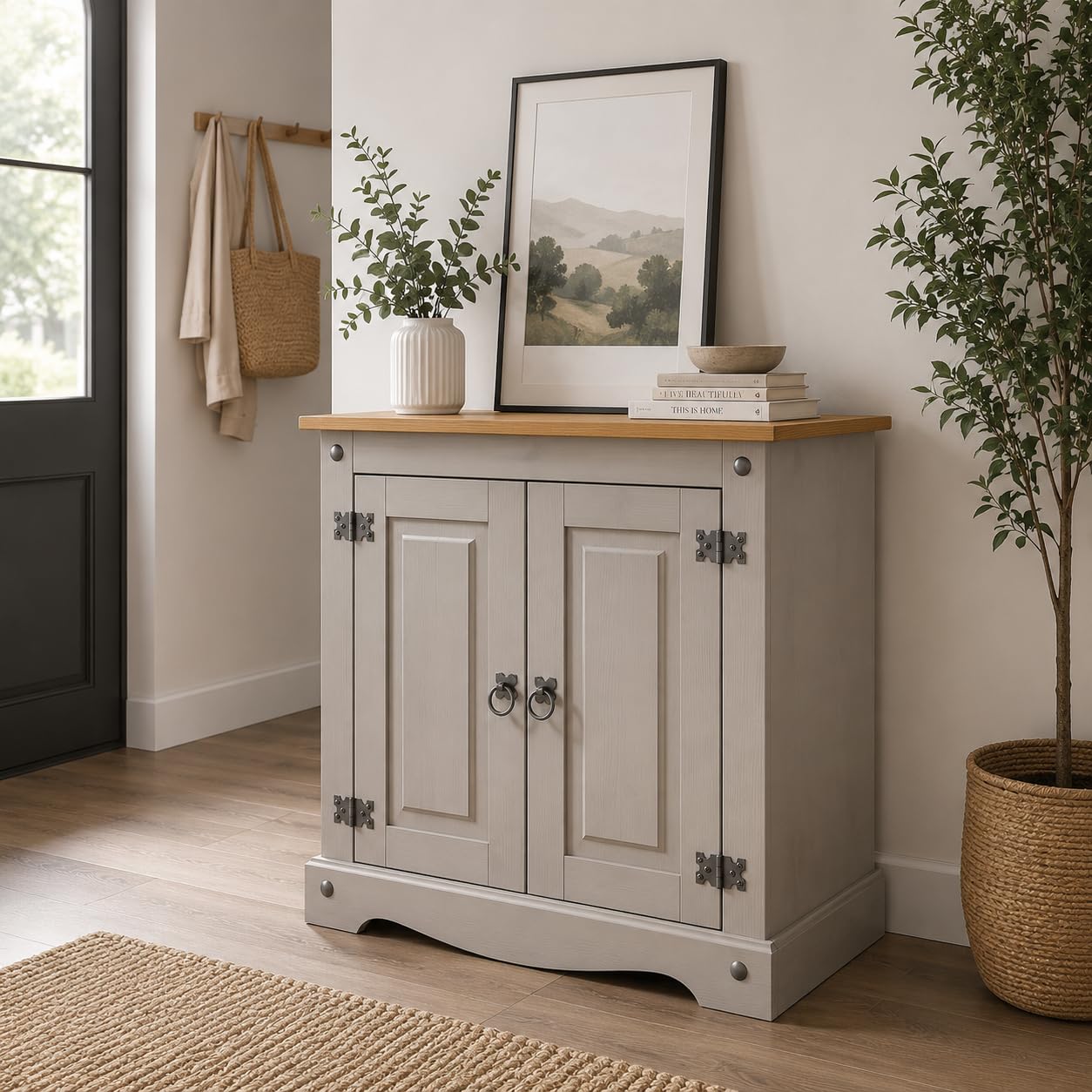 Corona Sideboard 2 Door Cupboard Grey Mexican Solid Pine Wood Cabinet W 75 x D 36 x H 73 cm