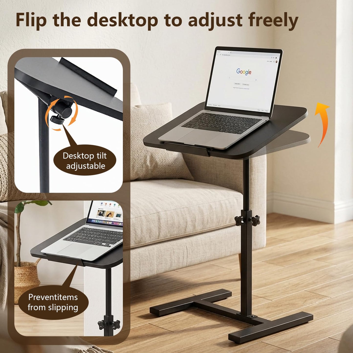 Simcat C Shaped Side Table Adjustable Height,360°Swivel Overbed Table, Top Tilting Laptop Stand Tray Tables with Wheels