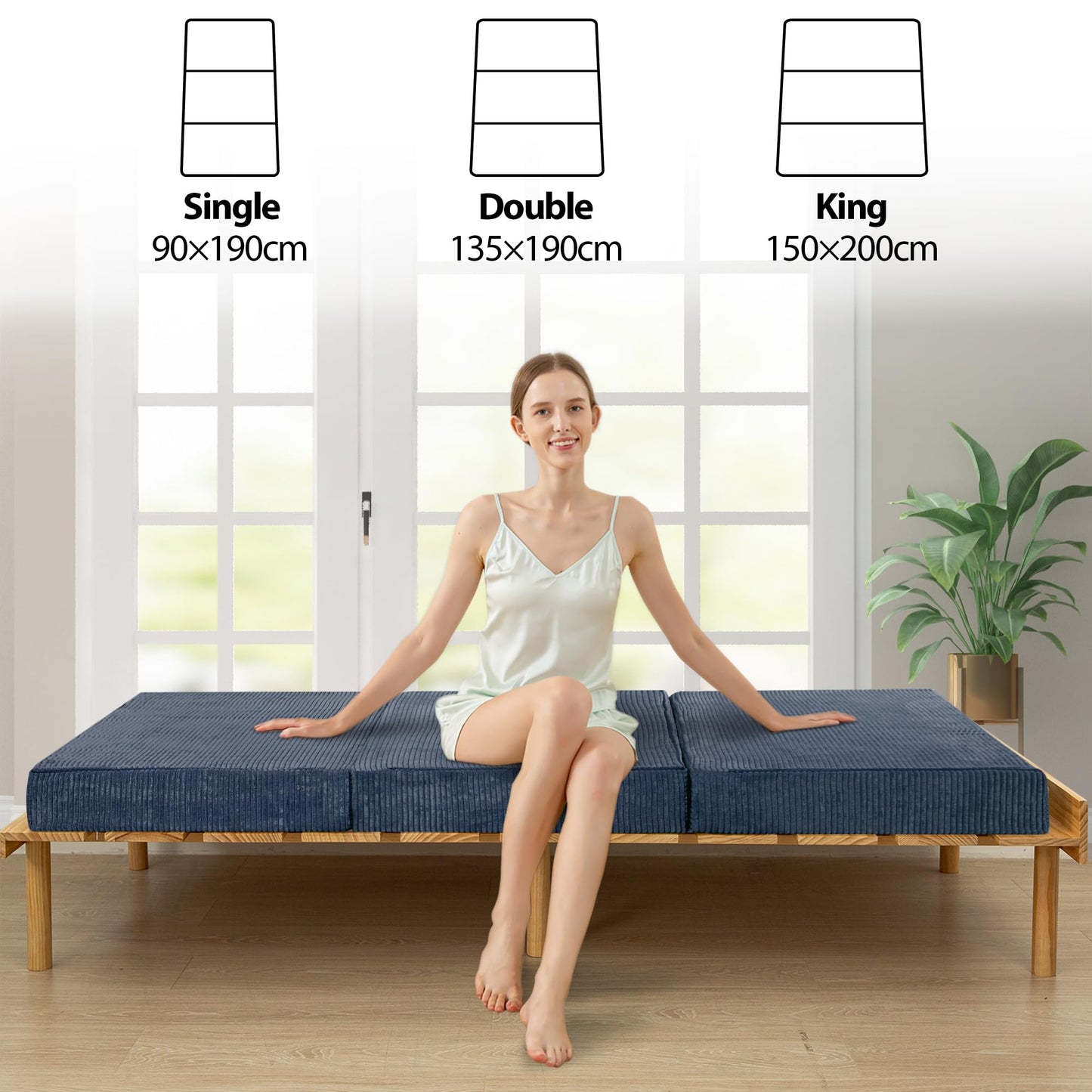 MAXYOYO Folding Corduroy Mattress, Tri Fold Floor Mattress 15cm thick with Washable Cover,Foldable in Three,Space-Saving for Guest (Bluestone, Double)