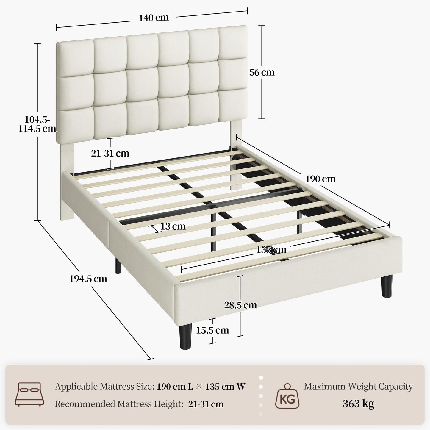 Yaheetech 4ft6 Double Bed Frame, Upholstered Headboard, Beige