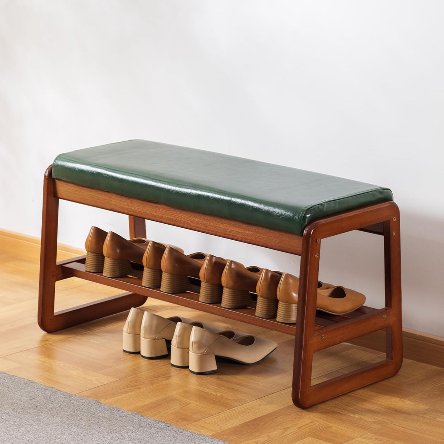 SOBIBO Solid Wood Shoe Bench, 2-Tier Wooden Storage Entryway, End of Bed Bench with Faux Leather Cushion for Hallway, Living Room