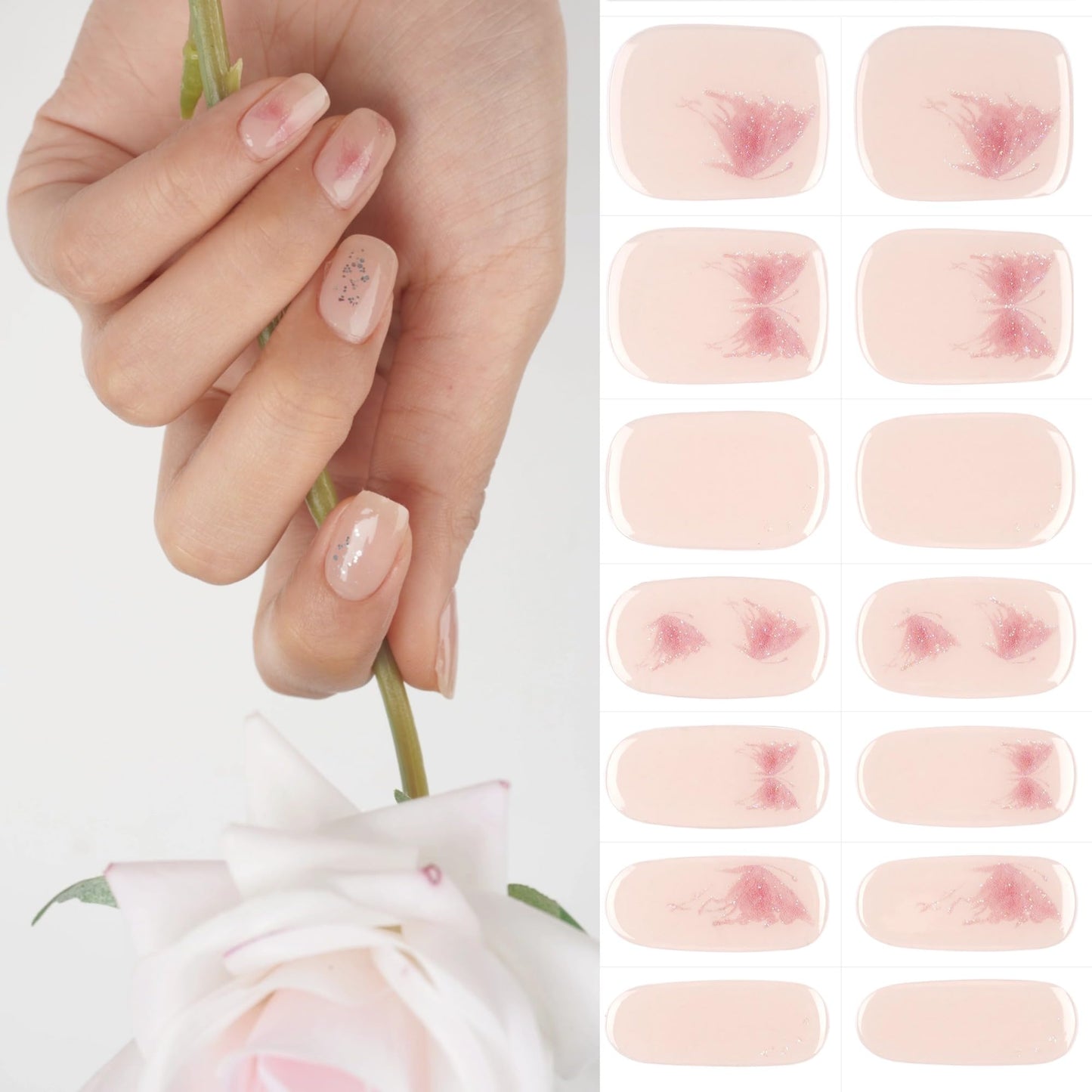 DANNI & TONI Semi Cured Gel Nail Strips,Butterfly Salon-Quality Nail Polish Strips Nude Manicure Stickers Set(Butterfly Echoes) 28Pcs