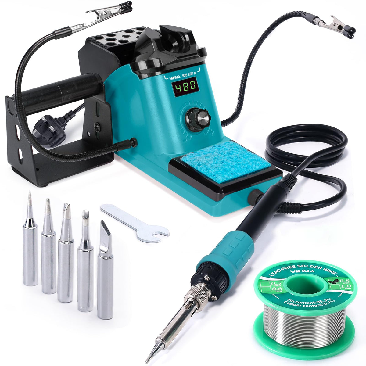YIHUA 926LED III 60W Digital Display Soldering Iron Station Soldering Iron Kit with 2 Helping Hands, 5 Extra Soldering Iron Tips, Lead-Free Solder