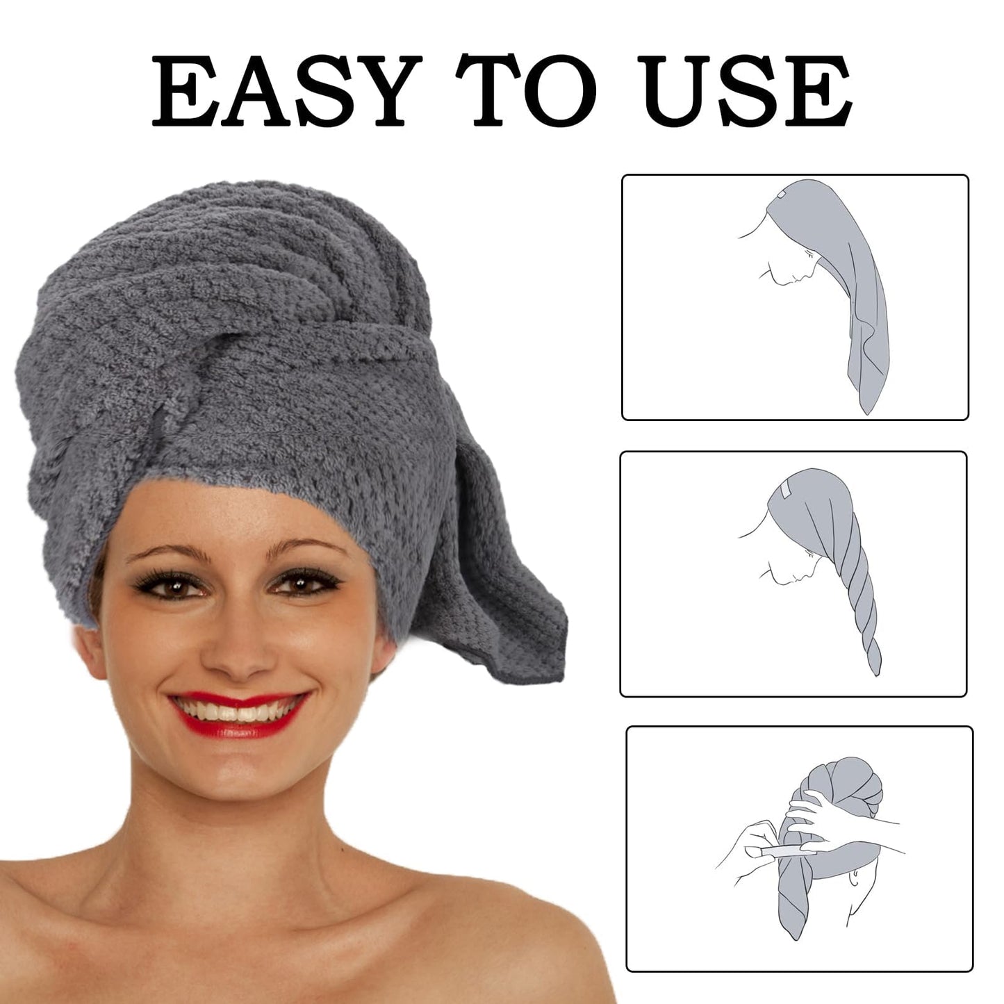 FveVqe Microfibre Hair Towel - Super Absorbent, Elastic Strap for Wet/Curly/Long & Thick Hair (Gray)