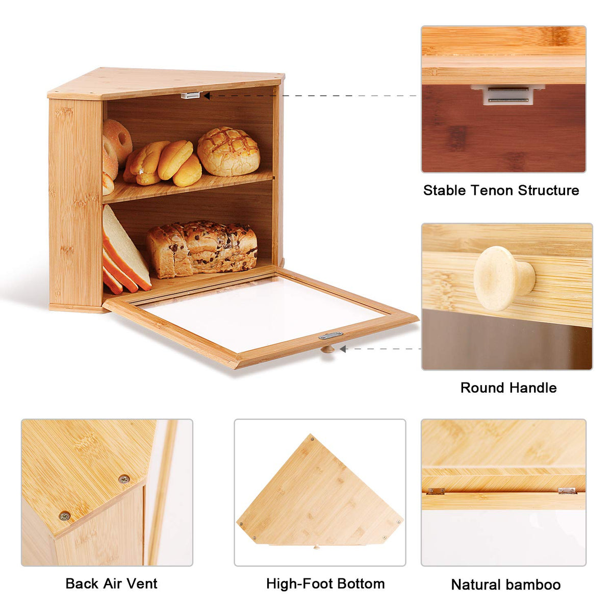 Leader Accessories Corner Bread Bin Bamboo Two-Layer Bread Box for Kitchen Corner fit 12.6"x12.6"x13.4"