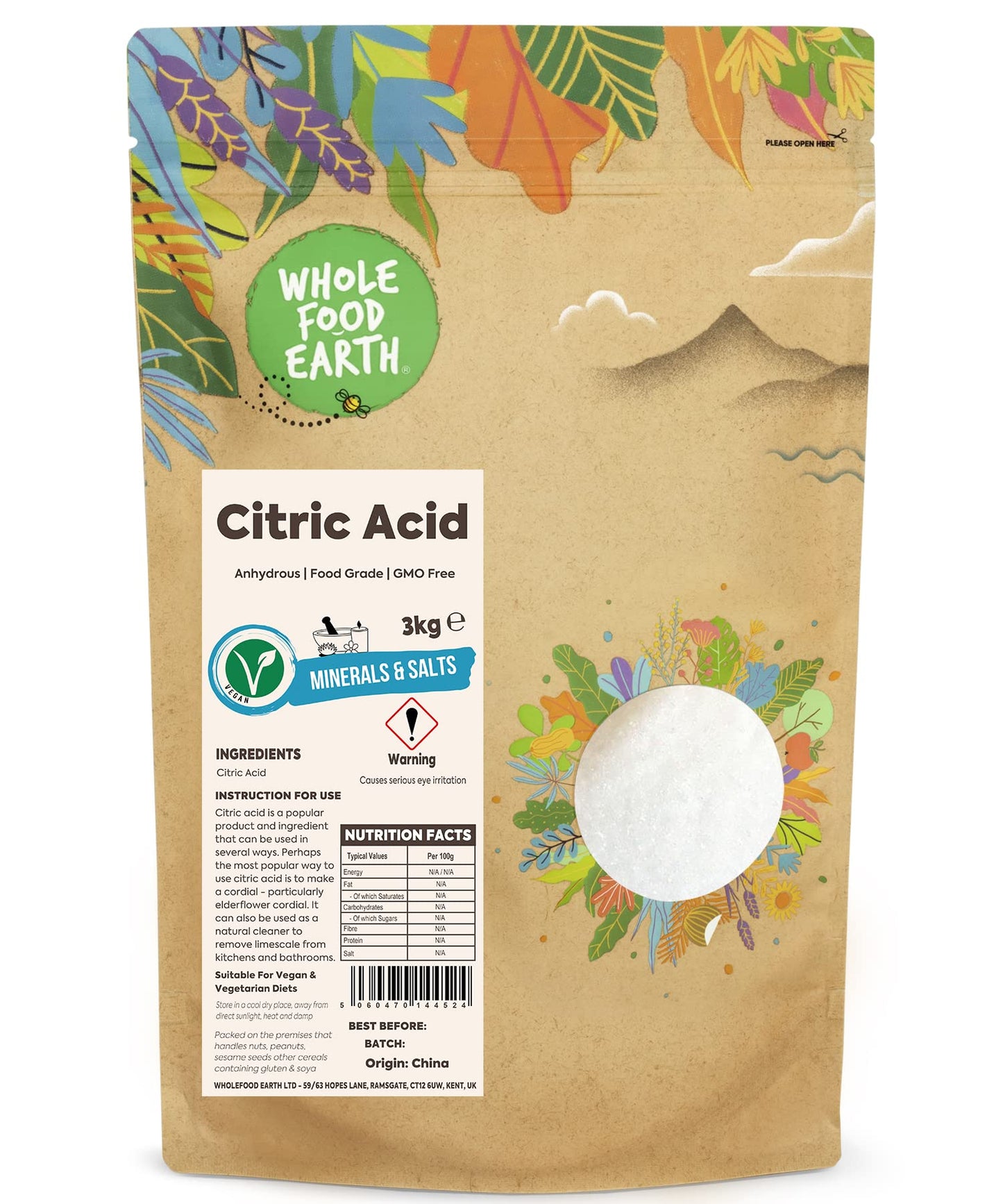 Wholefood Earth - Citric Acid 3kg - Anhydrous - Food Grade