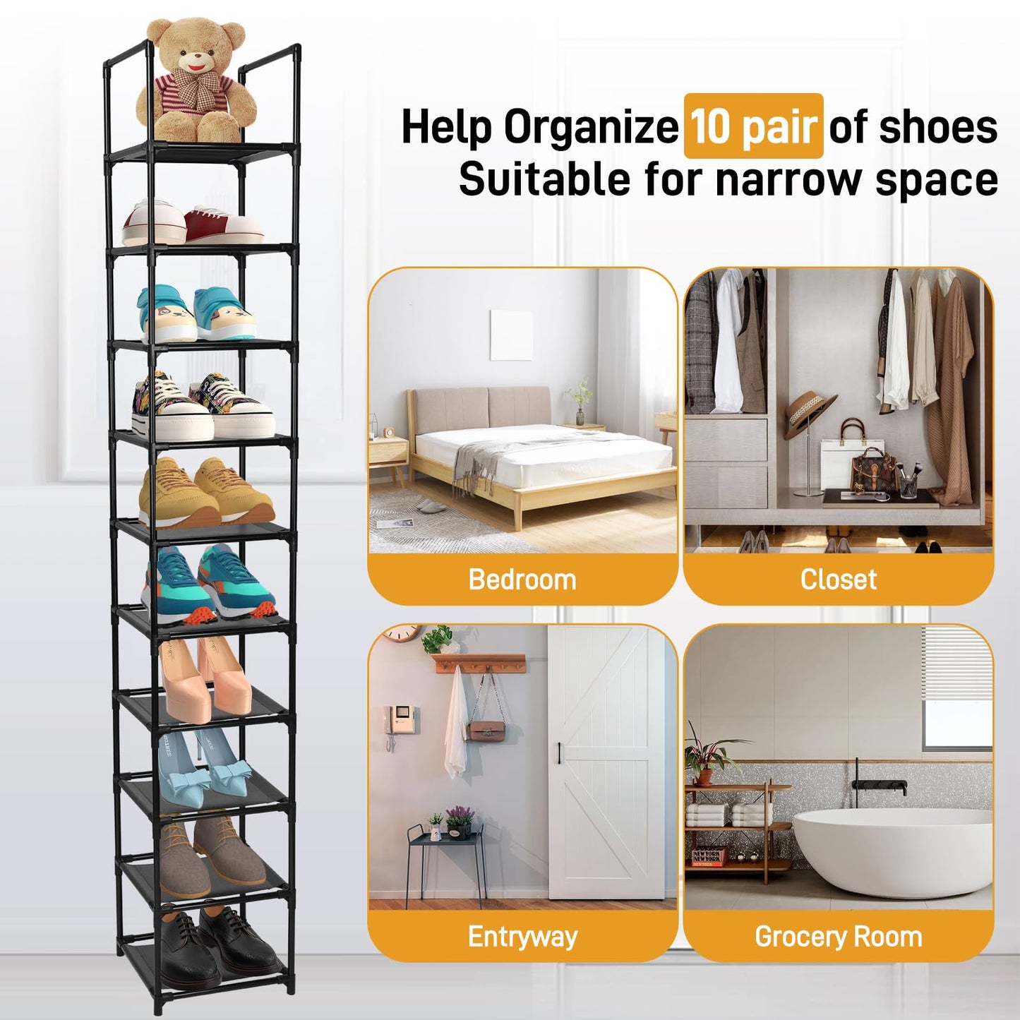 Dyserbuy 10 Tier Shoe Rack, Tall Shoe Storage Organizer, Narrow Shoe Stand Shelf, Home Space Saving Shoe Tower with Non-Woven Fabric for Living Room