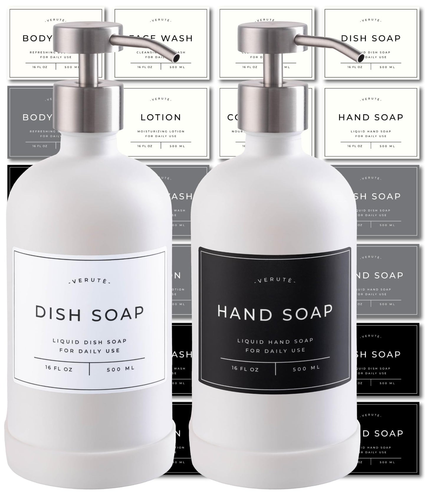 Glass Soap Dispenser Set for Kitchen & Bathroom - 2 x 500ml Refillable Glass Bottles with Stainless Steel Pumps