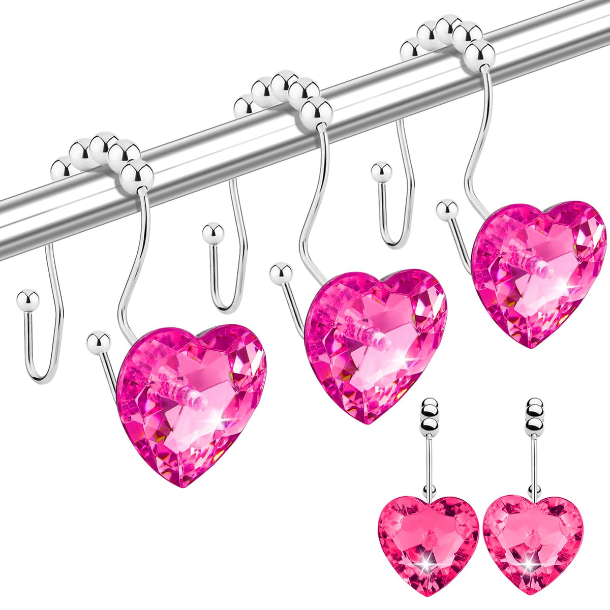 Yapicoco Shower Curtain Hooks Rings for Bathroom, 12PCS Heart Stainless Steel Rust Resistant Decorative Rhinestones Shower Curtain Rings Hangers for