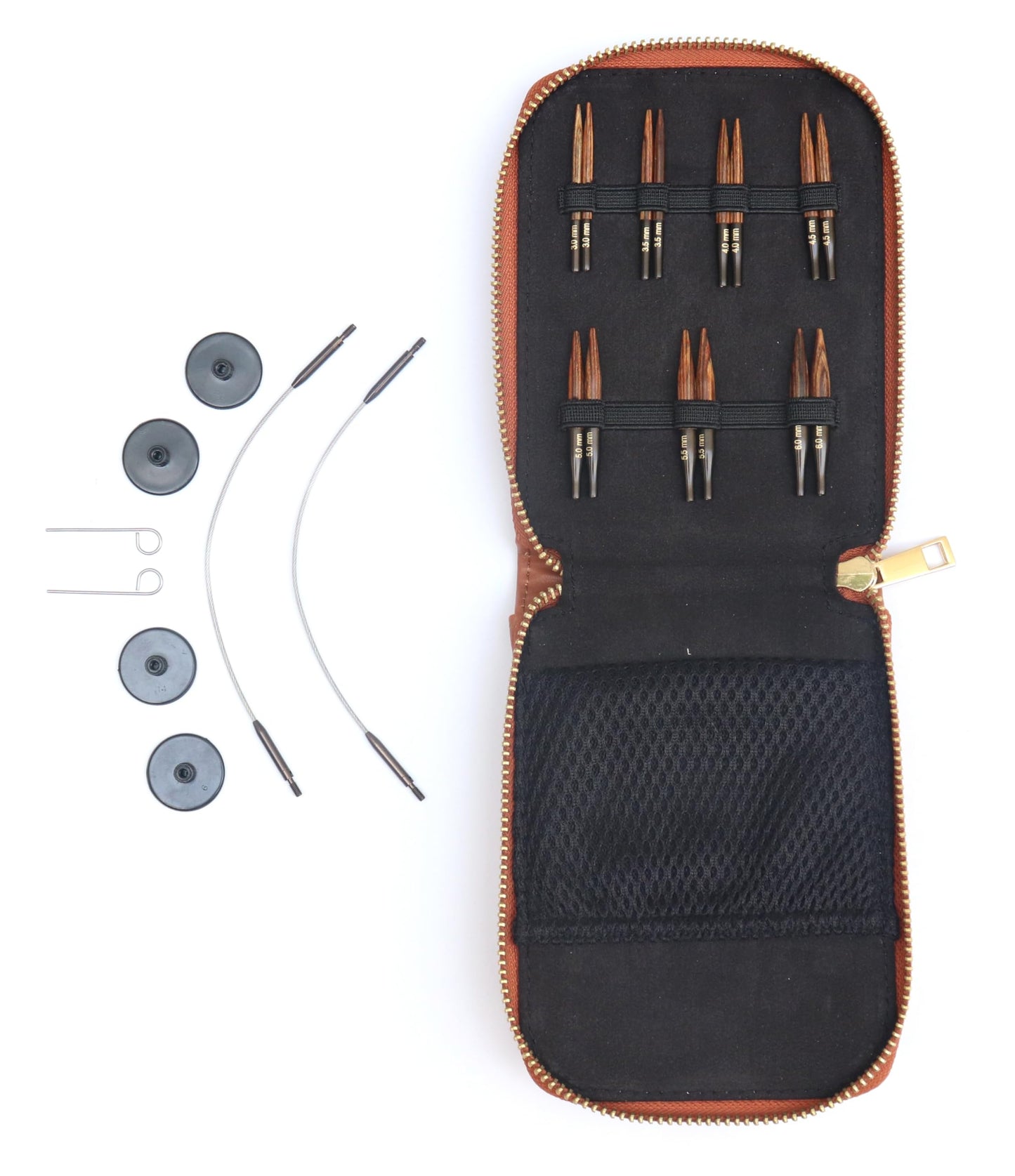 KnitPro Ginger Knitting Needle Set - Mini Interchangeable Pins, 2 25cm Cables, End Caps, Cable Keys, Faux Leather Case, 3,3.5,4,4.5,5,5.5,6mm