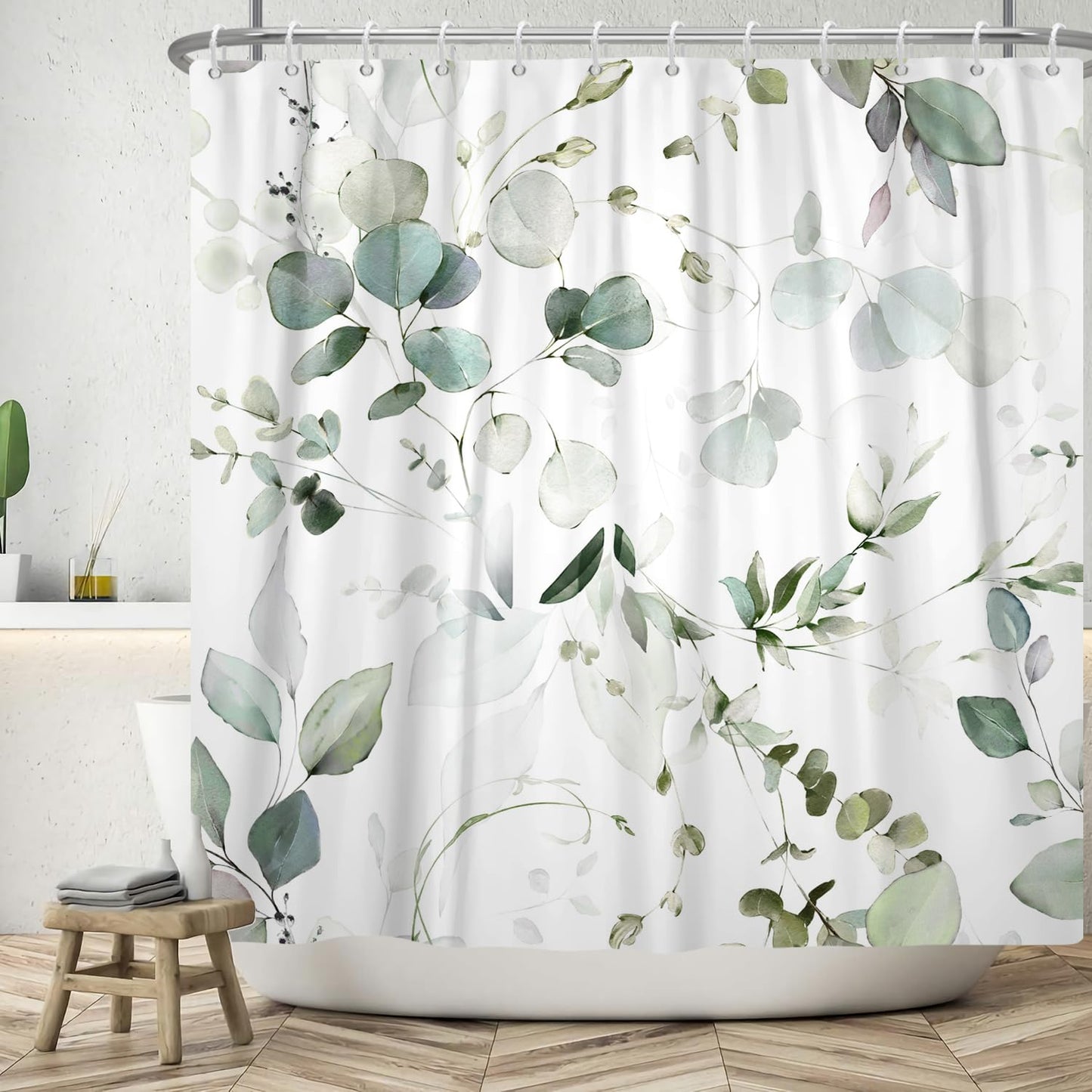 ASDCXZ Leaves Shower Curtain 180x180 cm, Spring Simplicity Green Eucalyptus Leaves White Bath Washable Shower Curtains Polyester Textile Waterproof