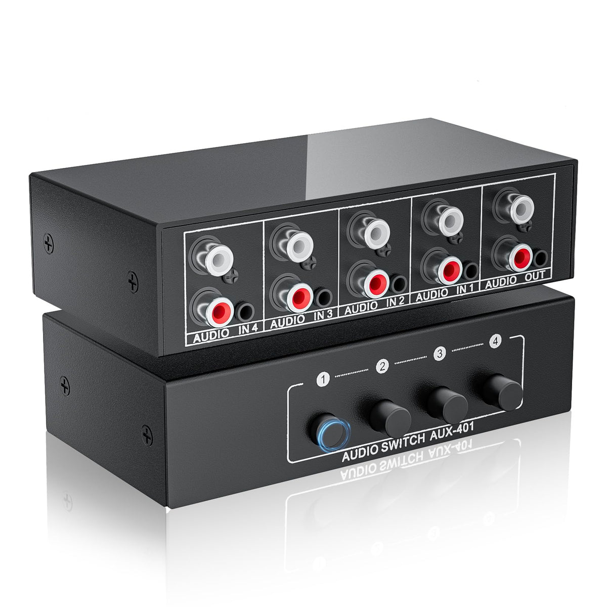 3.5mm Aux + RCA L/R Audio Switch Box 4 in 1 Out Bidirectional, BolAAzuL Stereo Audio Switcher Selector 4X1 Passive a/b Analog Audio Selector No Power