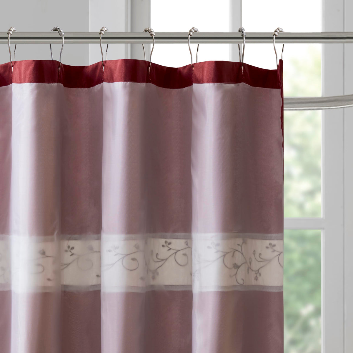 Madison Park Serene Flora Fabric Shower Curtain, mbroidered Transitional Shower Curtains for Bathroom, 72" x 72", Red
