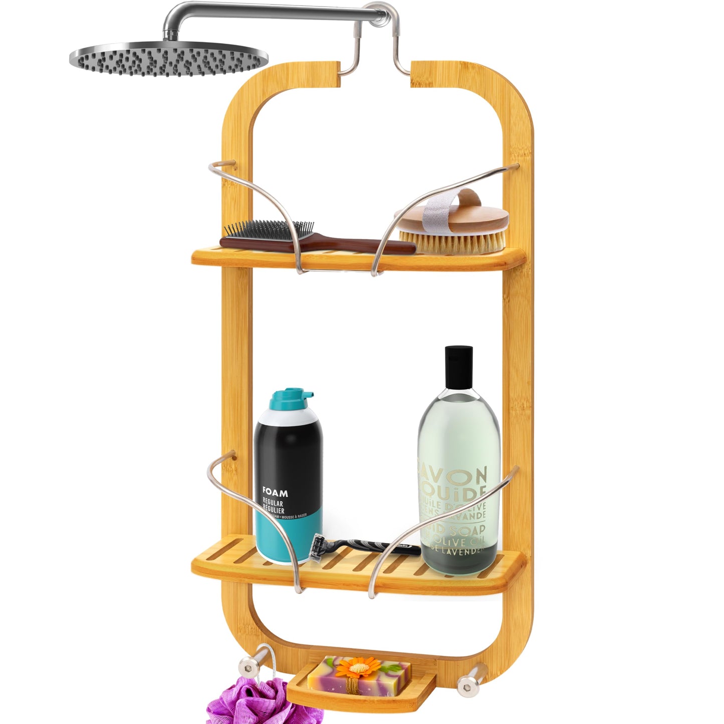 SereneLife Bamboo Hanging Shower Caddy with 3 Tiers, Anti-Slip Design, Bathroom Storage Organizer for Shampoo, Soaps, and Essentials - Space-Saving
