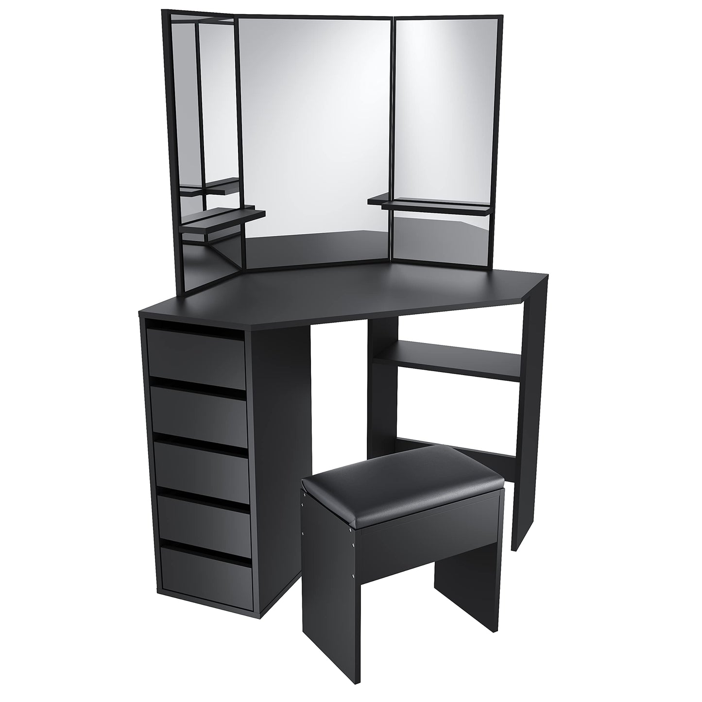 ELEGANT Corner Dressing Table with Padded Stool, Vanity Desk with 5 Drawers
