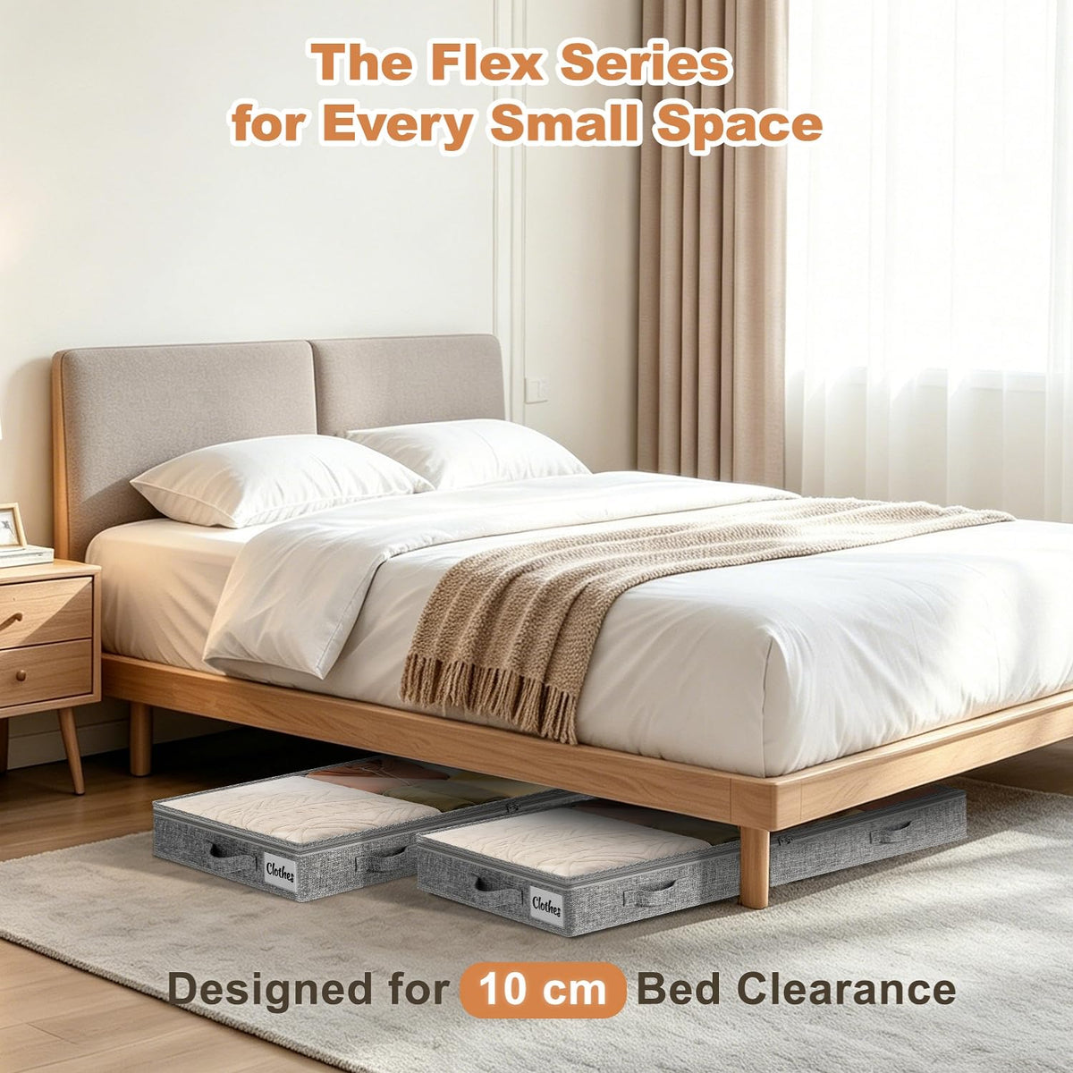 10cm Tall 2 Pack Underbed Storage Bags, Low Profile Under bed Storage Box with lid, Foldable Clothes Storage Bags with Sturdy Zip, PVC Window