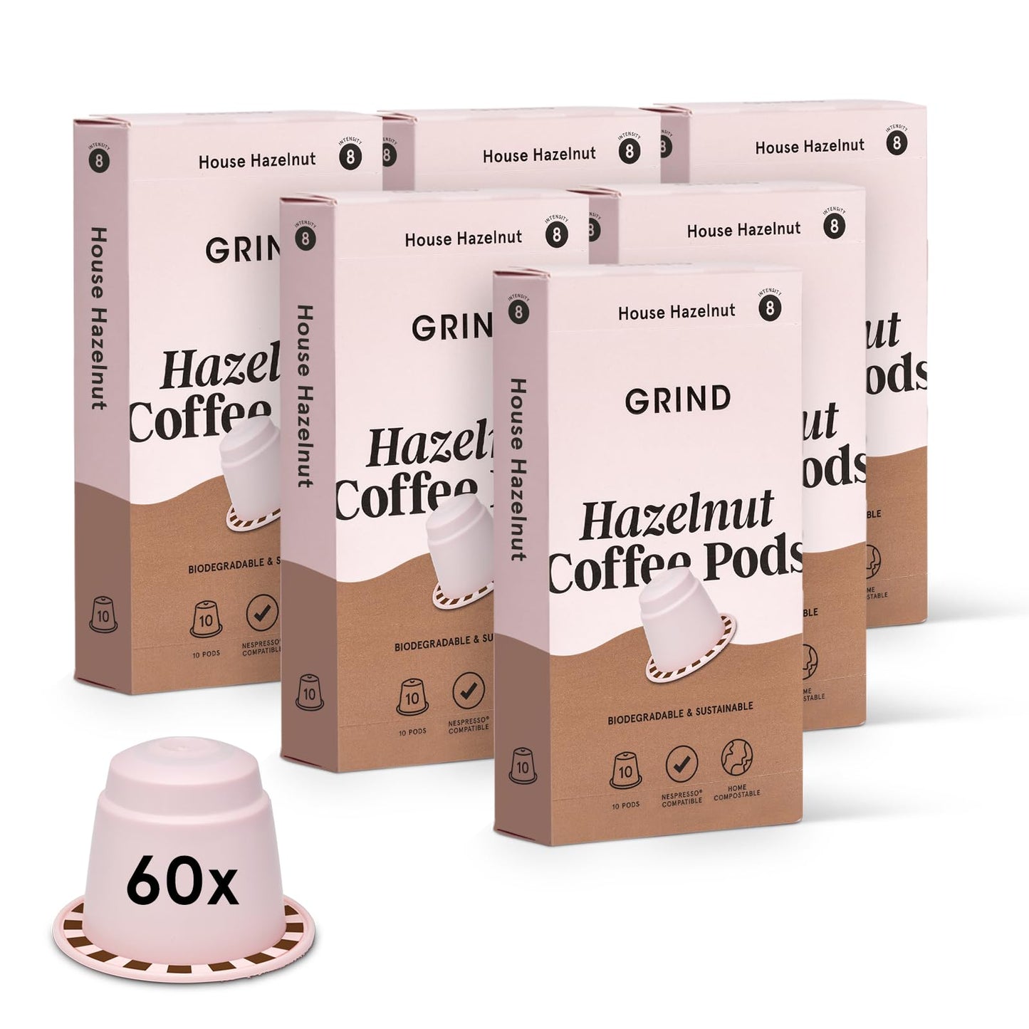 Grind Hazelnut Coffee Pods ? Pack of 60 Biodegradable Capsules ? 100% Arabica ? Nespresso? Original Compatible ? Home Compostable ? Barista Quality