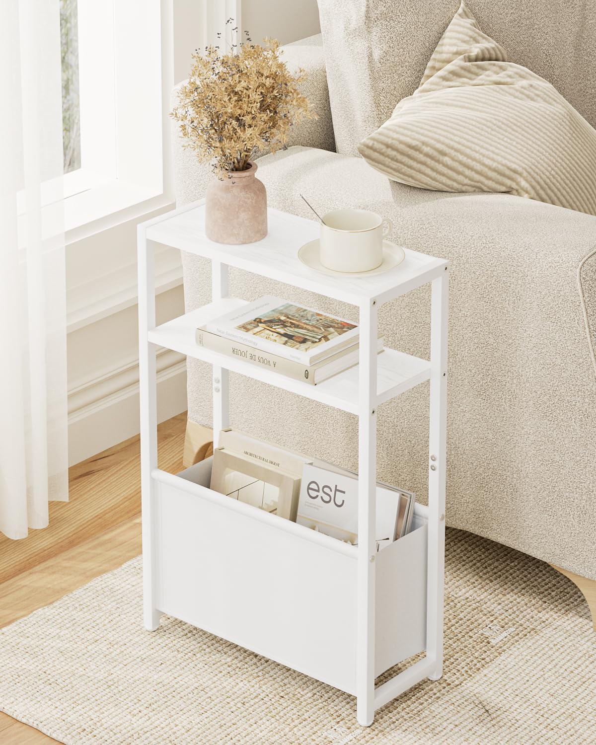 Apetaccat Narrow Side Table for Small Spaces, Small End Table with Storage Basket, Slim Bedside Table for Bedroom