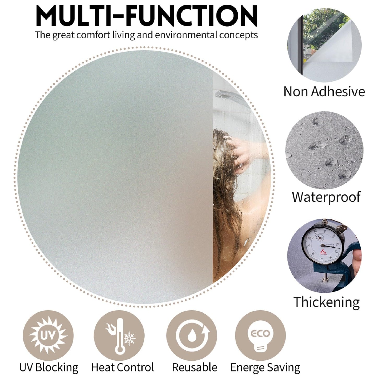 KESPEN Frosted Window Film Privacy, Total Privacy Film For Glass Windows, No Glue Anti UV Static Cling Heat Blocking Film, 60 X 400 cm