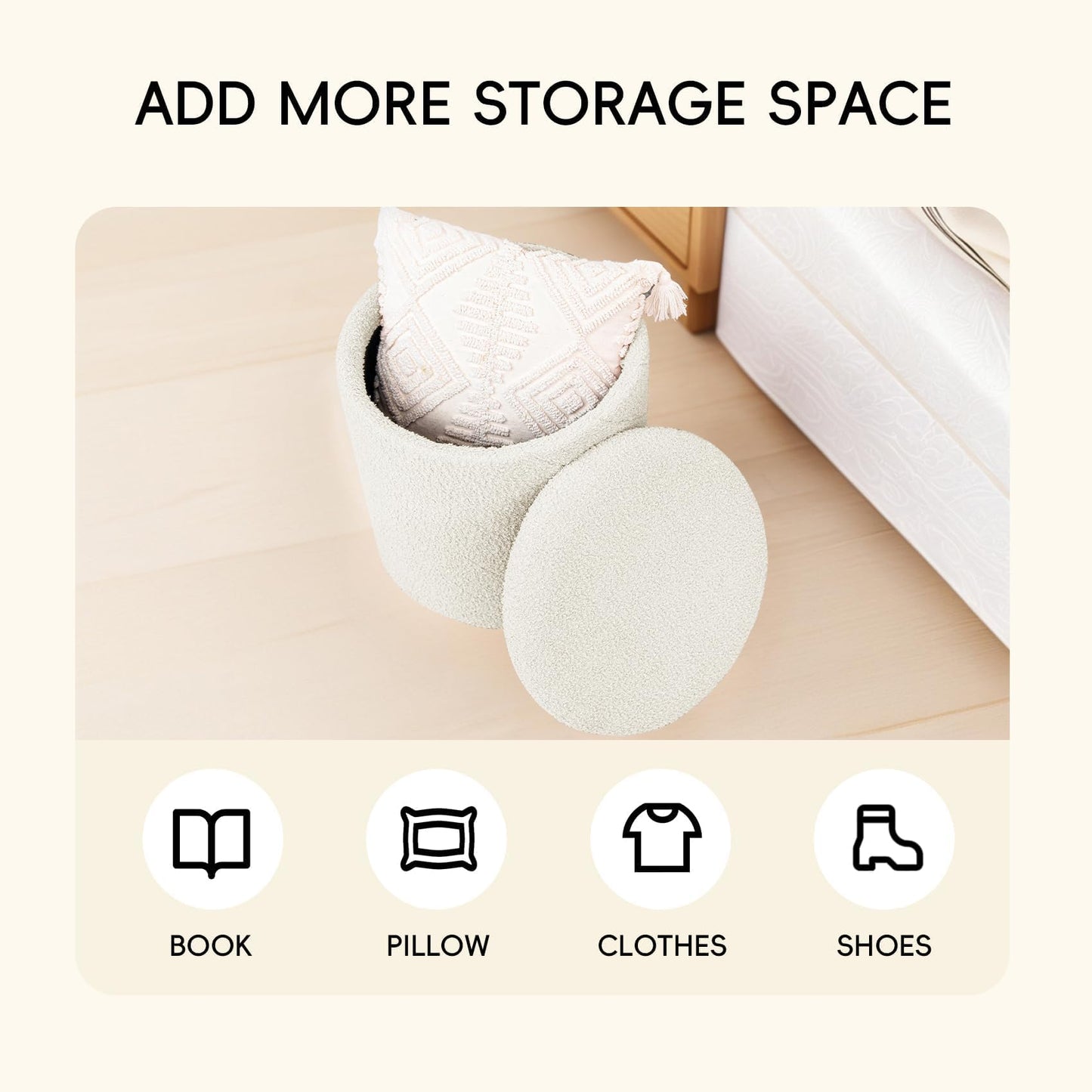 PINPLUS Round Ottoman Storage Box, Folding Stool, White, 43x43x45 cm