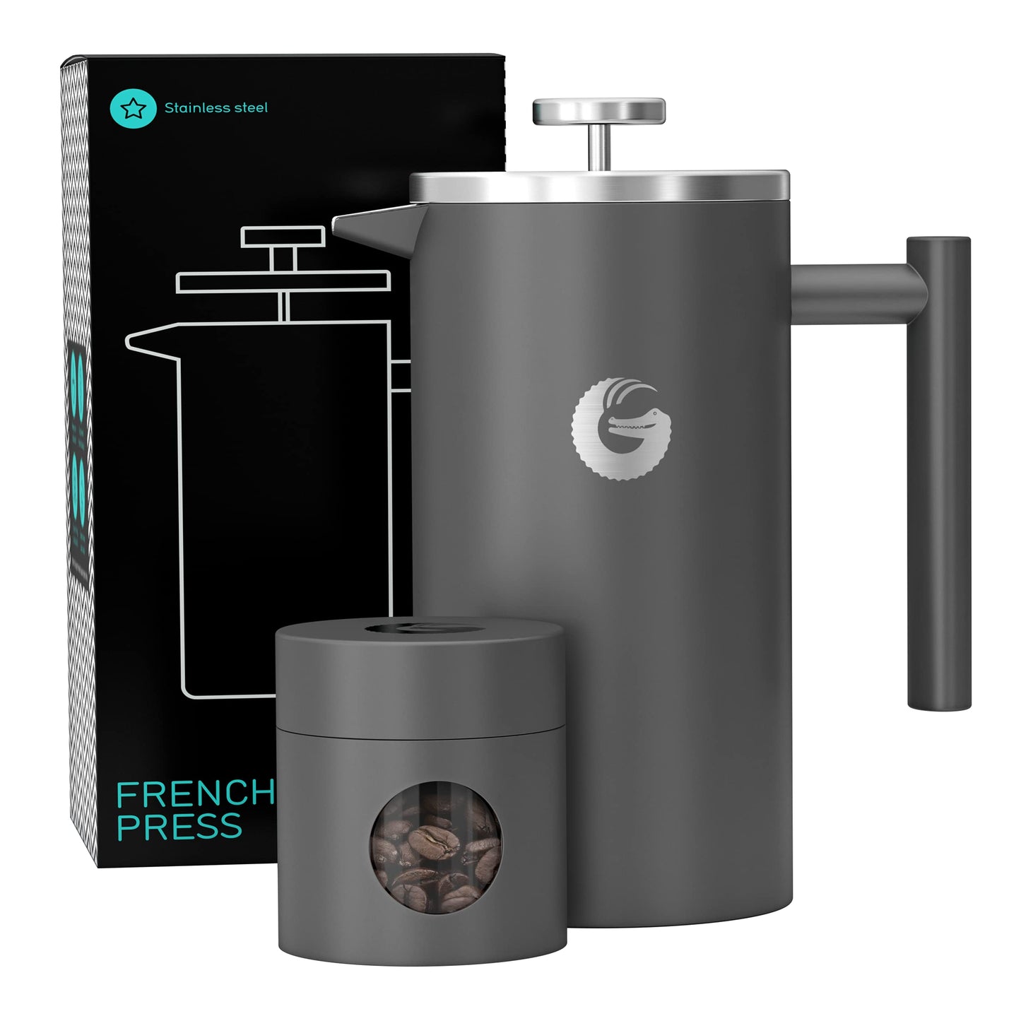 Coffee Gator Cafetiere - 1L French Press Coffee Maker with Jar - Large Capacity Double-Wall Insulated Stainless Steel Brewer - Hotter for Longer,Gray
